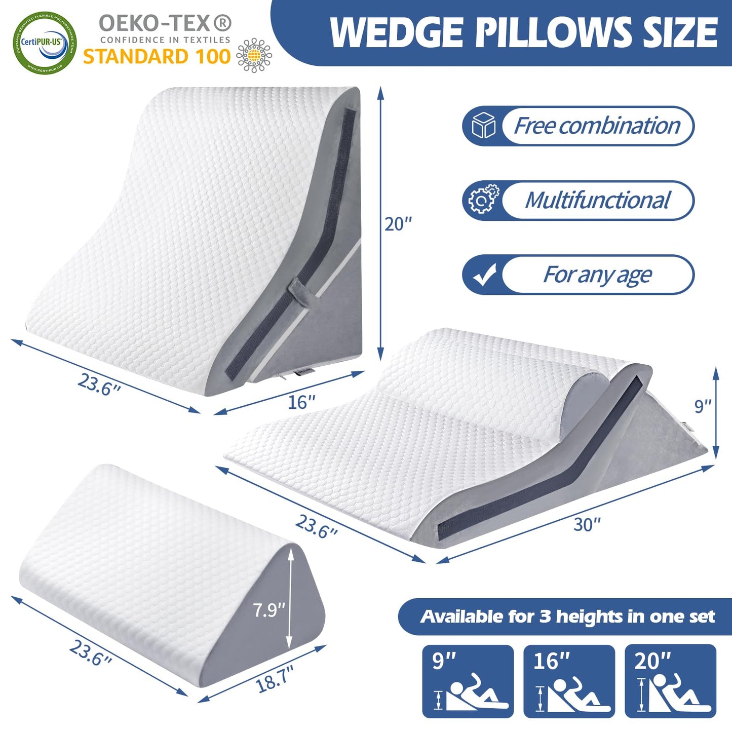 4Pcs Orthopedic Bed Wedge Pillow Set with 4Pcs Replacement Pillowcase, Incline Wedge Pillow for Back Pain Relief/Sleeping/Snoring/Post Surgery/Leg Elevation 20-in-1 Adjustable Memory Foam Wedge Pillow