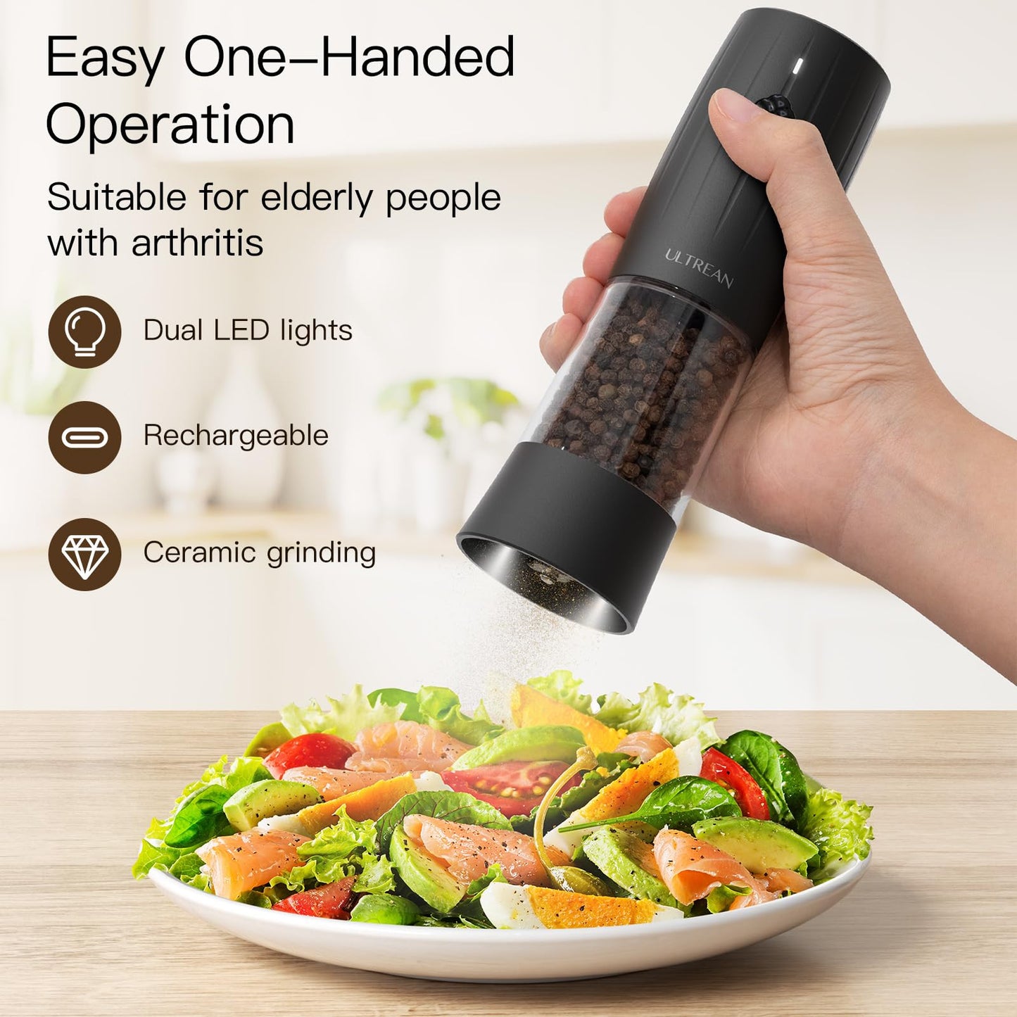 Ultrean Pepper Grinder 2pcs, Rechargeable Salt and Pepper Grinder with 6 Adjustable Coarseness, One-Hand Automatic Operation, LED Light(Black)