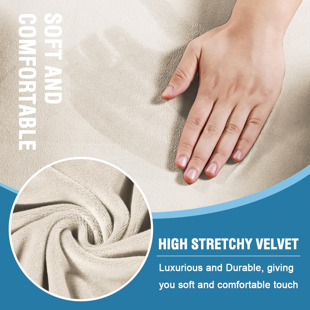 H.VERSAILTEX Sofa Cover 4 Piece T Cushion Sofa Slipcovers Thick Velvet Couch Cover Furniture Protector Stretch T Cushion Sofa Covers for 3 Cushion Couch with 3 Individual T Cushion Covers, Ivory