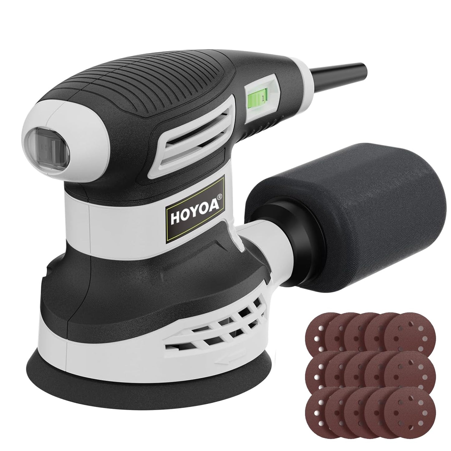 HOYOA Random Orbital Sander for Wood 3.0Amp 5 inch, 6 Variable Speeds, 14000RPM Palm Sander with 15 Sandpapers, Dust Collector, Electric Sanders Machine for Woodworking, DIY, Furniture Sanding