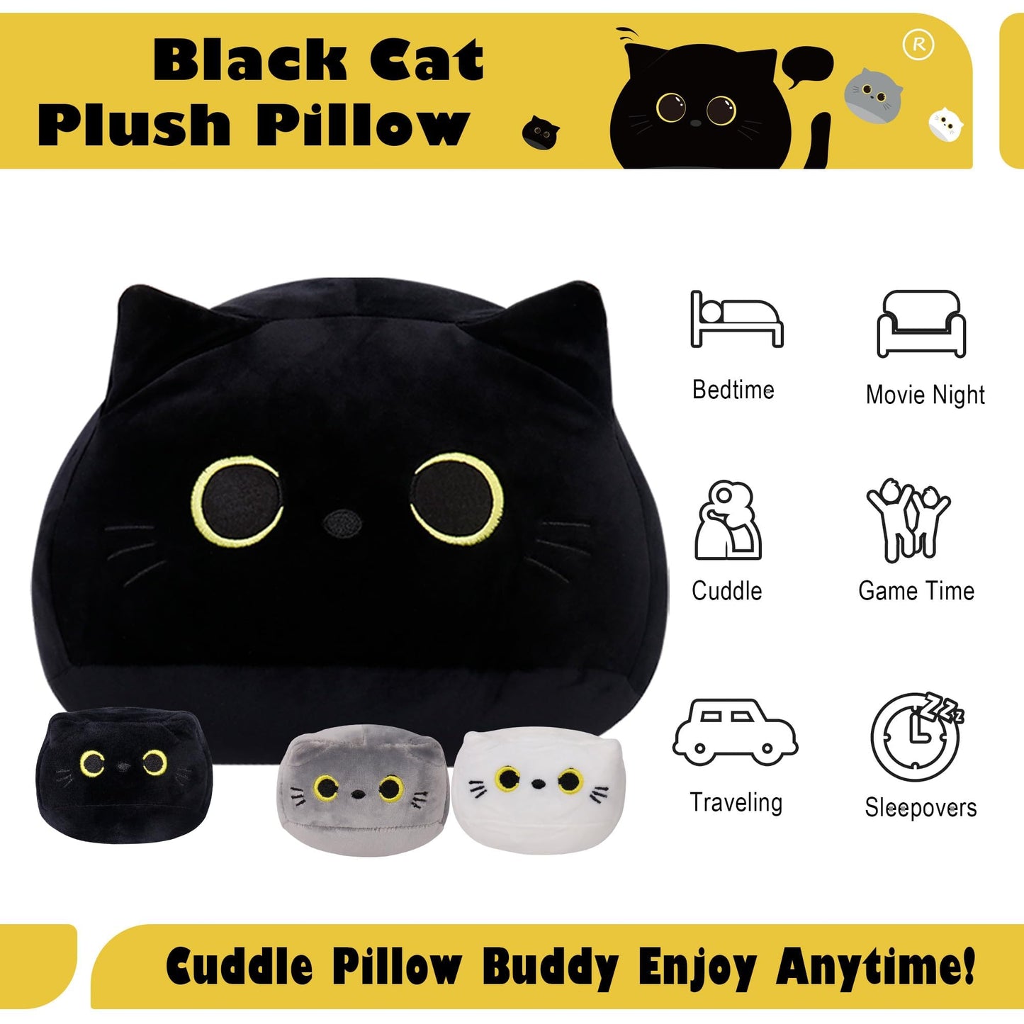 WeBingo Black Cat Plush Toy 4PK, 16'' Giant Cat Stuffed Animal Plushies Pillow with 3 Babies for Girl Boy Kid Adult, Large Big Soft Gift for Birthday Christmas Valentine's Day Home Decor
