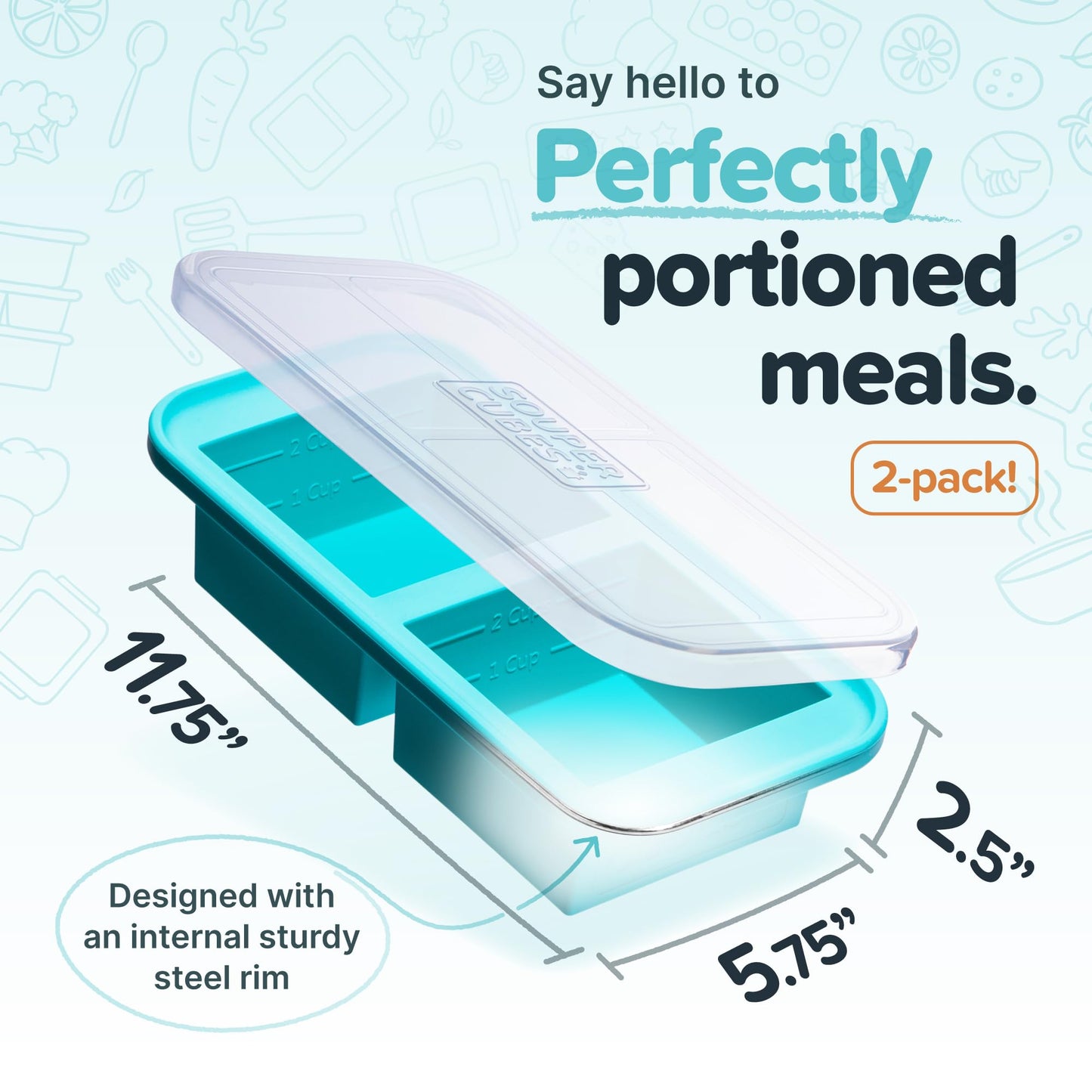 Souper Cubes 500mL/2 Cup Silicone Freezer Tray with Lid, Perfect for Storing Lasagna, Leftovers, Sauces, Portioned Meals and More, Silicone Freezer Mold for Meal Prepping - Aqua - 2-Pack