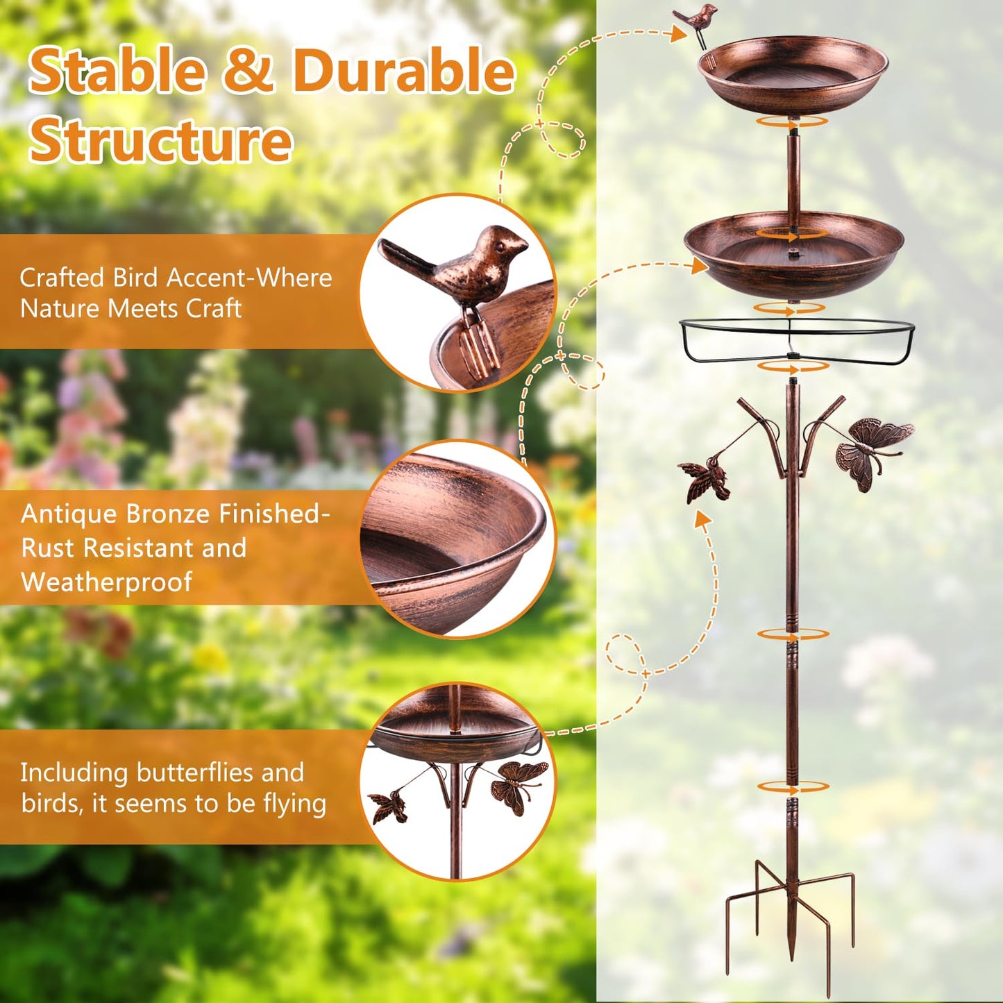 2 in 1 Bird Bath for Outside, 42In Tall Free Standing Birdbaths Outdoor, Metal Bird Feeder Bowls for Garden Lawn Decor, Antique Bronze