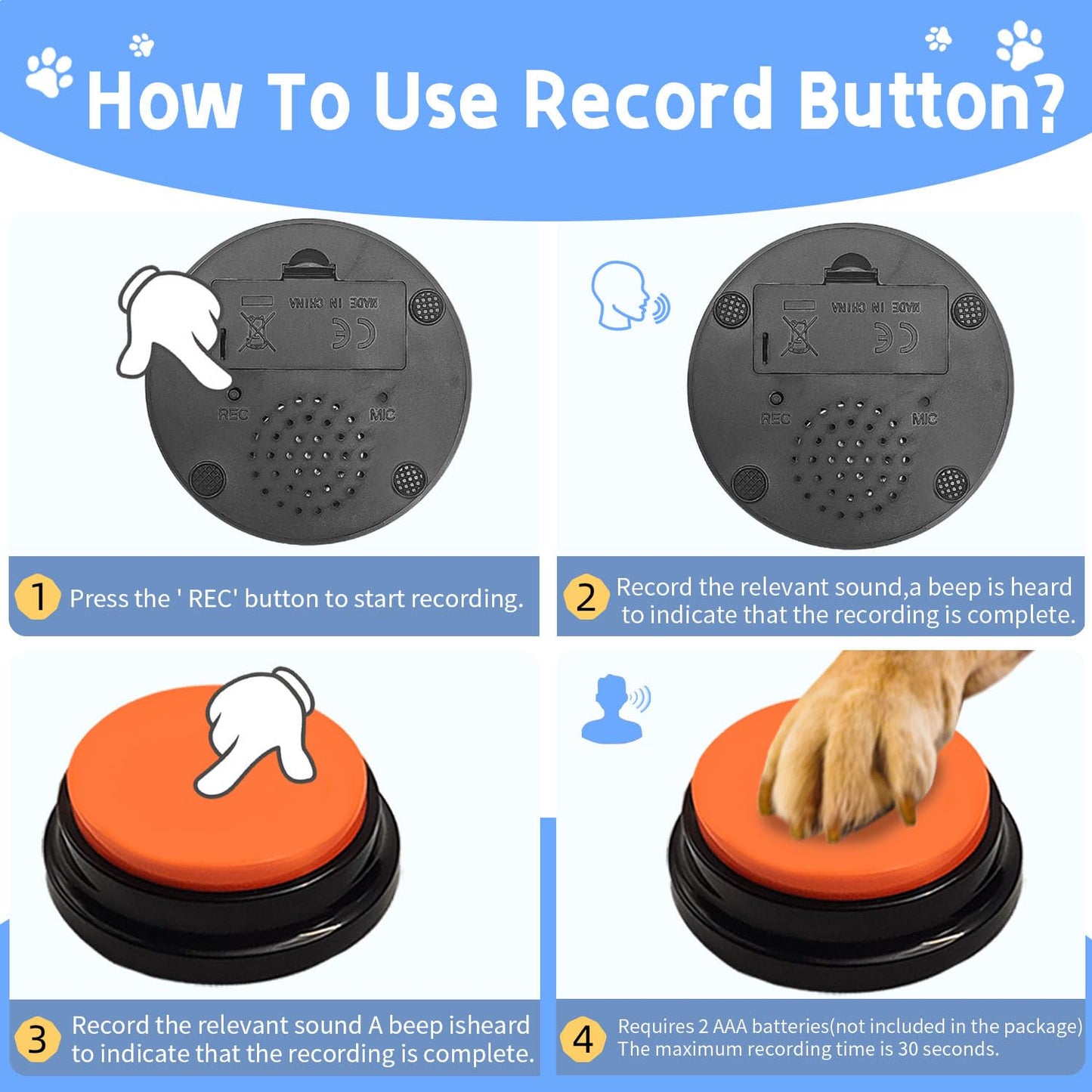 BOSKEY 8 Dog Buttons Dog Buttons Training Words, 30-Second HD Recording Includes 4 Pads, 50 Stickers Customized Sounds, Train Dogs to Express Inner Voice