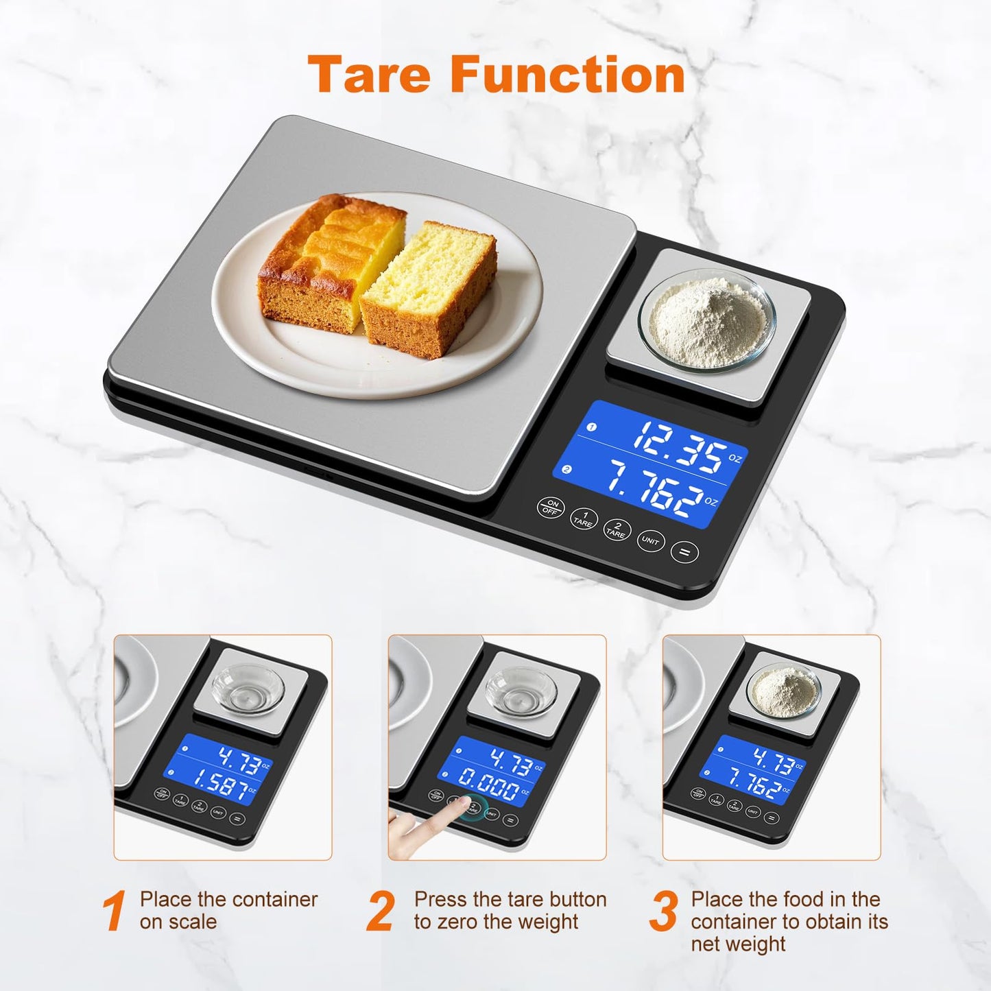 Food Scale, 15kg x 0.01g Digital Kitchen Scale Cooking and Baking, Dual Precision Food Weight Scale with Backlit LCD Display, Tare, Accumulation Function, 7 Units, Including 2 AAA Batteries