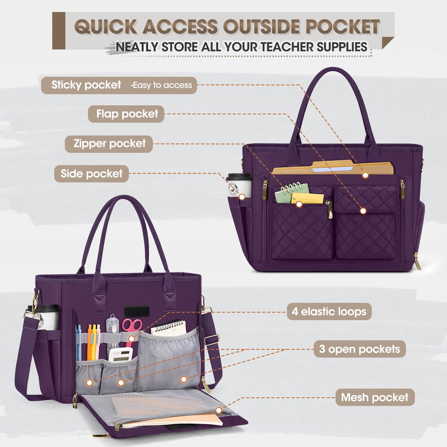 RAINSMORE Teacher Tote Bag with Insulated Lunch Compartment 15.6 inch Laptop Bag for Women Large Work Bags Nurse Bags Professional Briefcase Computer Handbag for Office, College, Nursing, Dark Purple