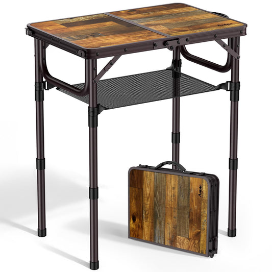 Anbte 2ft Camping Table Foldable with Storage Net, 3 Adjustable Heights 27.5" Aluminum Small Portable Table with Carrying Handle, for Outdoor Indoor Picnic Beach Party Travel, 24" X 16", Brown