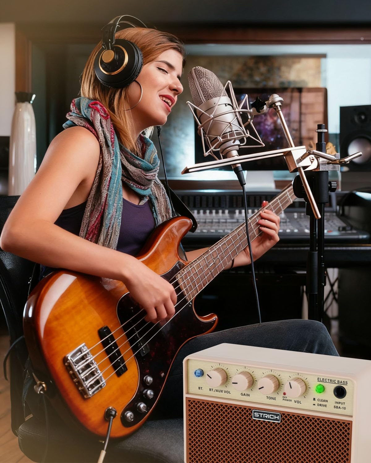 STRICH 2 x 5 W Mini Bass Amp - Portable, Rechargeable Bass Practice Amplifier with Clean & Drive Channels, 1/8 Headphone Output for Beginner, Brown