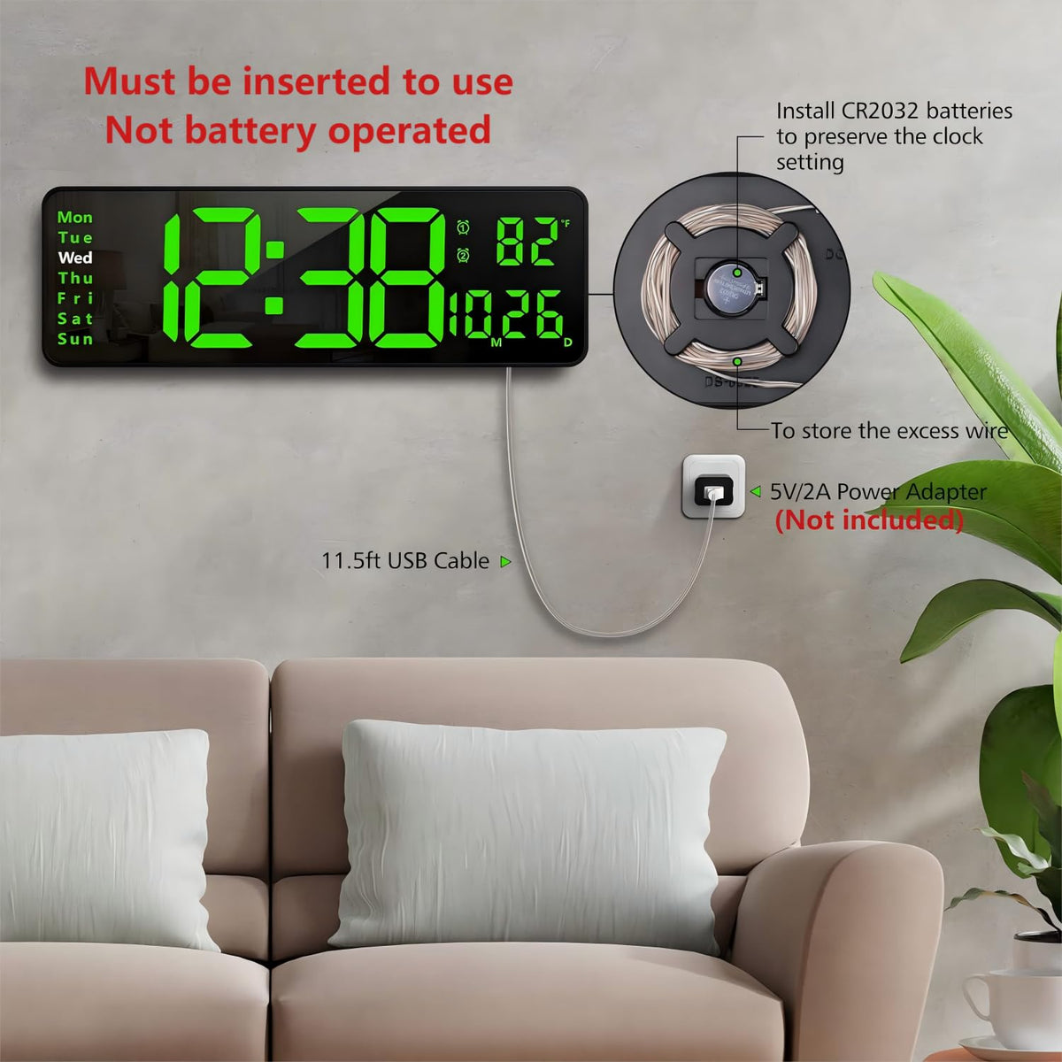 Zgrmbo 16" Large Digital Wall Clock with Remote, Large Display LED Wall Clock for Living Room/Gym/Shop/Warehouse/Office Decor, 12/24H, Auto Dimming, Timer(Not Included USB Adapter)