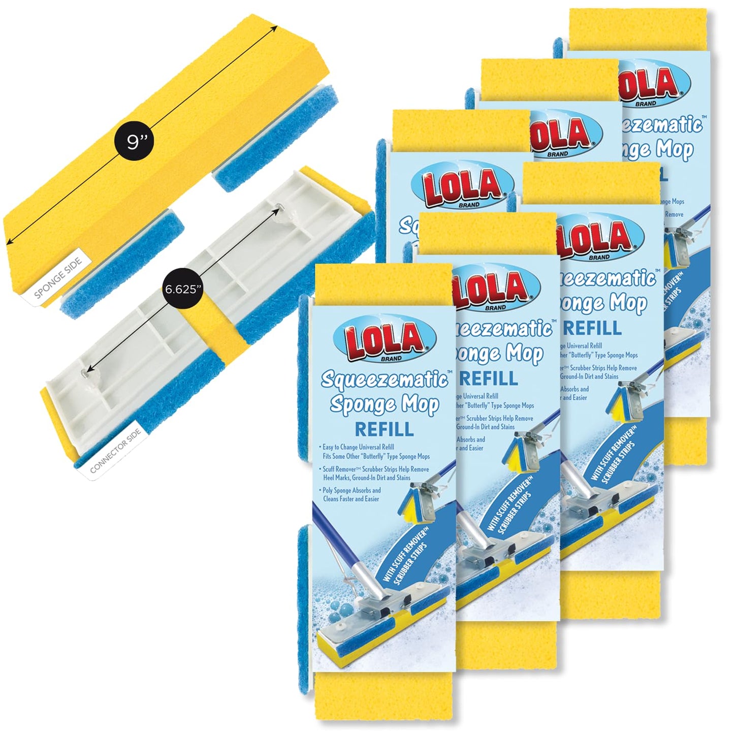 LOLA Products Squeeze Matic Easy Clean Butterfly Sponge Mop Head Refill, 9"" Wide Mop Head, Replacement Head for Floor Cleaning, Fits Most Automatic Squeeze Sponge Mops, 6 Pack, 2031-6