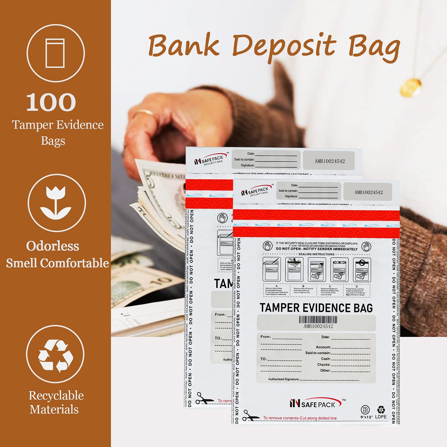 INSAFEPACK 100PCS 12"x16" Bank Deposit Bags - 100% Recyclable Tamper Evident Bags - Self Adhesion Security Bank Pocket