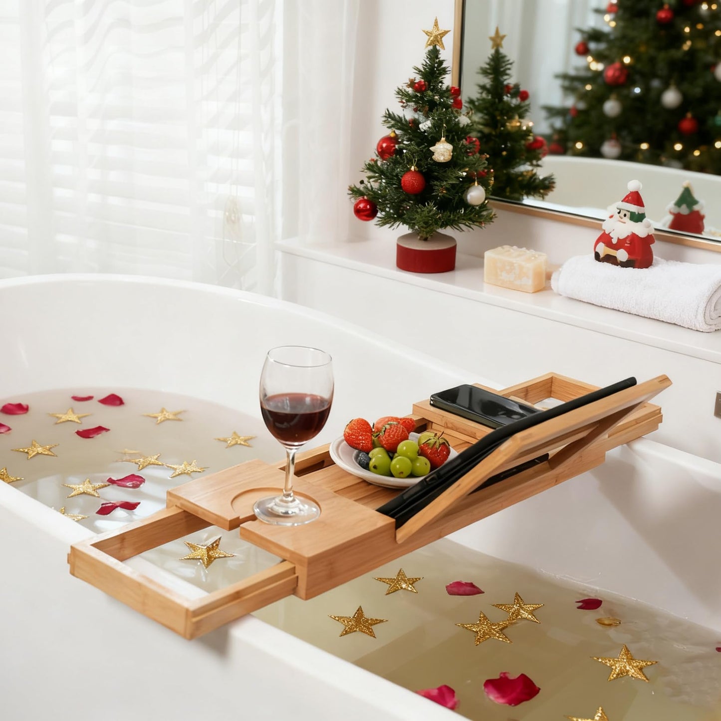 Utoplike Bathtub Caddy Tray, Bamboo Bath tub Tray with Adjustable Arms, Bath Table Holds Books/Tablets/Cell Phone/Towels/Foods (Natural Bamboo)