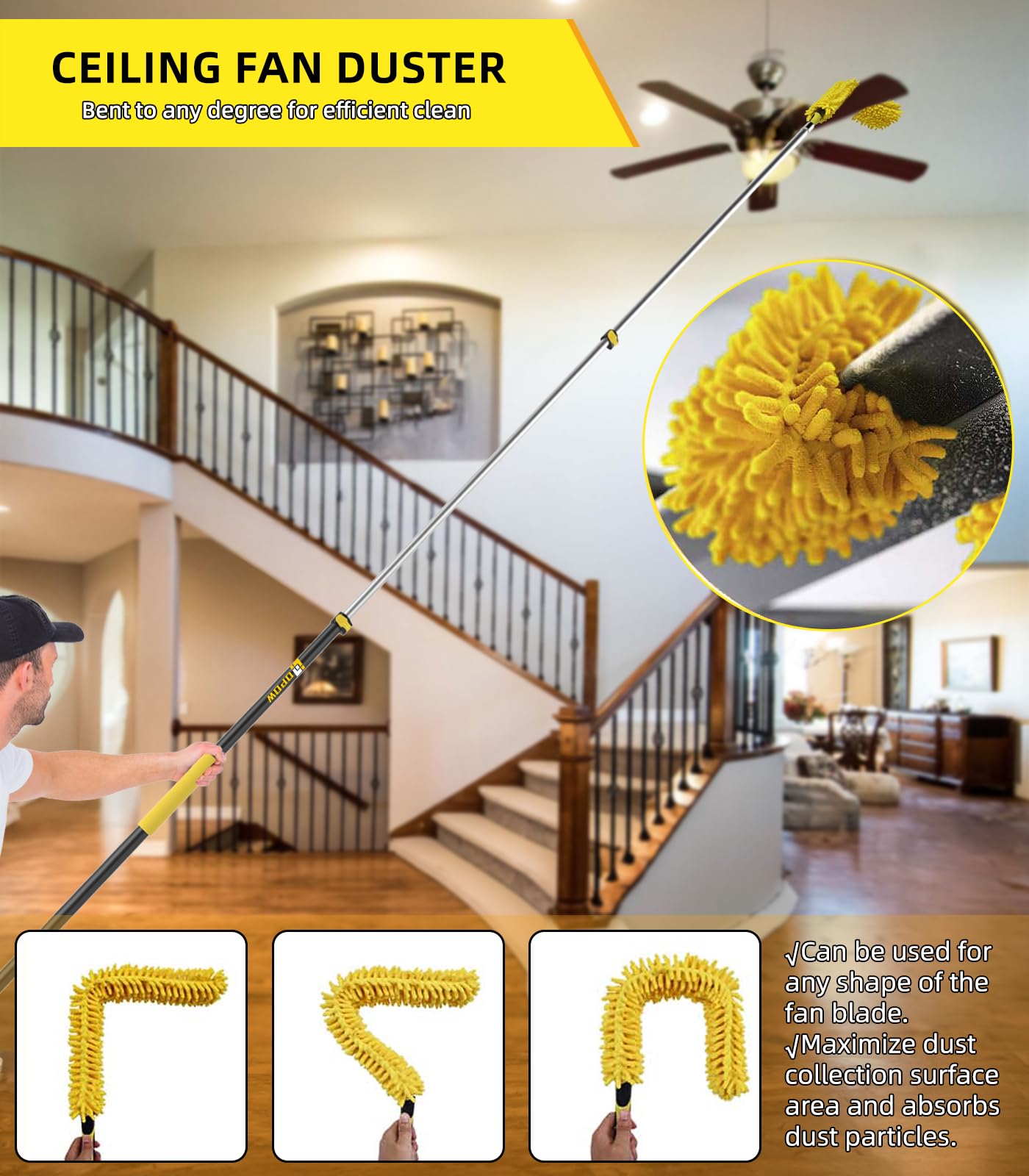 20 Foot High Ceiling Duster Kits with 5-12ft Heavy Duty Extension Pole, High Reach Duster for Cleaning,Microfiber Feather Duster,Cobweb Duster,Ceiling Fan Duster,Window Squeegee & Cleaner