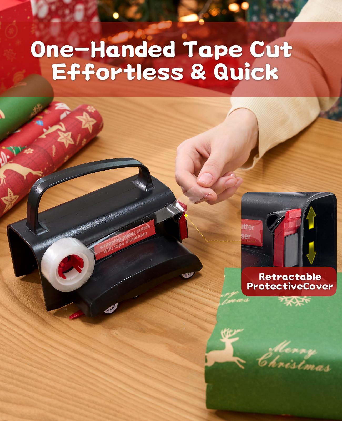 Upgrade 2 Pack Wrapping Paper Cutter with Tape Dispenser, Gift Wrap Cutter Tool with Wheels, 2 Replace Blades & 4 Tapes Kit for Christmas Paper Rolls Wrapping, Safe & Efficient for Precise Cutting