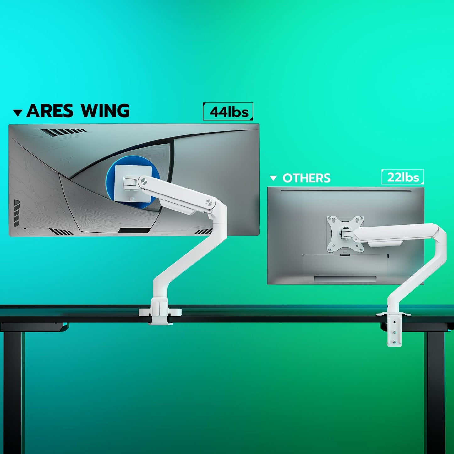 ARES WING Ultrawide Monitor Arm for 17 to 49 Inch Heavy Duty Curved Screen, Holds 44 Lbs, Adjustable Gas Spring Monitor Arm Desk Mount with C Clamp, Grommet Base, 75/100 Vesa Mount, White