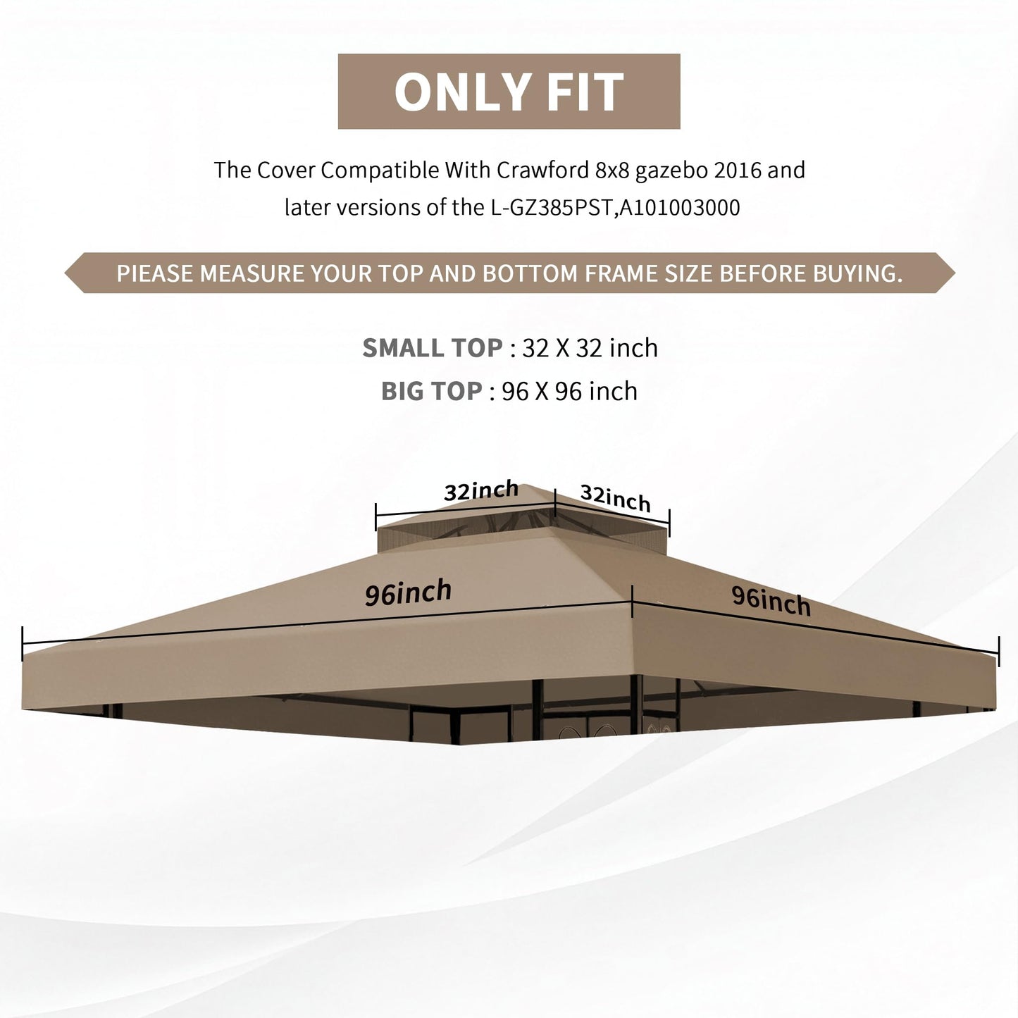 8'x8' Khaki Double Tier Replacement Cover Compatible with Crawford 8x8 Gazebo L-GZ385PST,A101003000#088-1067-8 with SPF30+,Waterproof