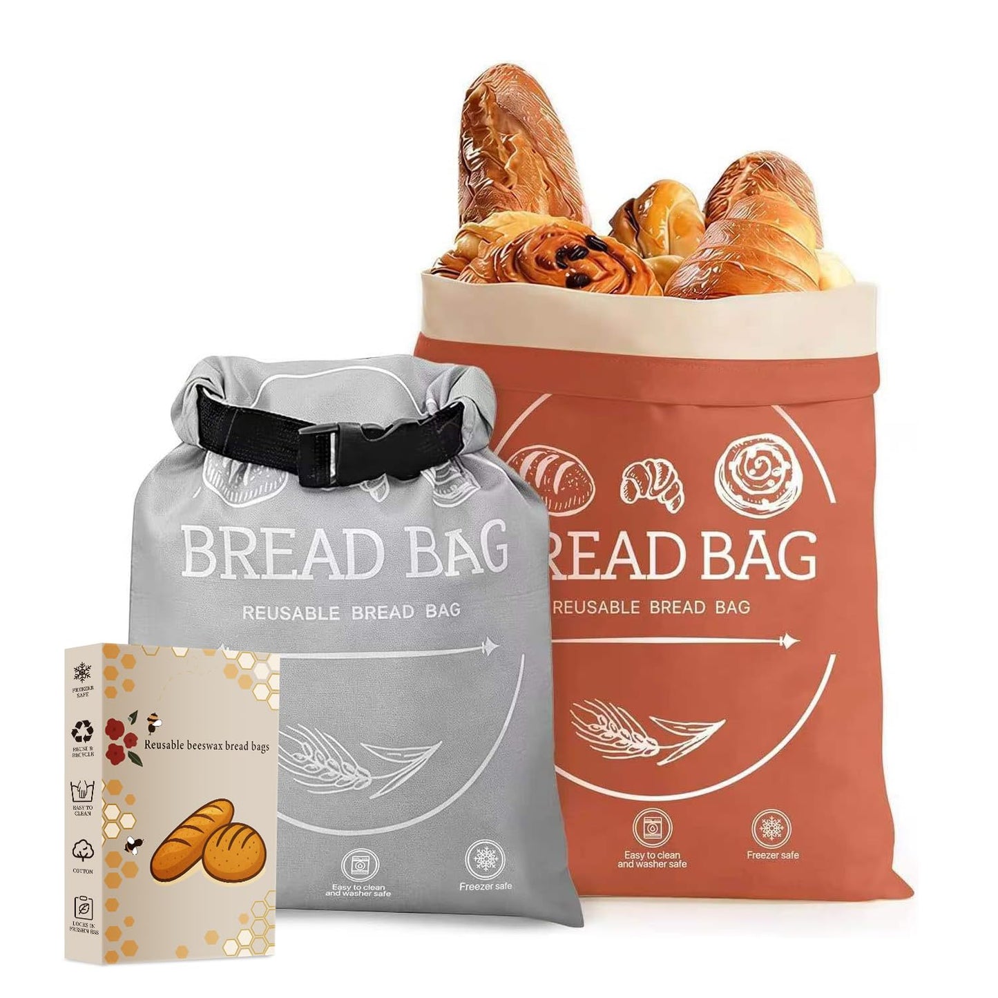 2 Pack XL Reusable Beeswax Bread Bags for Homemade Bread, Sourdough Bread Baking Supplies, Sourdough Bread Bags for Bread Storage Keep Sourdough Fresh, Freezer-Safe, Eco-Friendly (Orange&Grey)