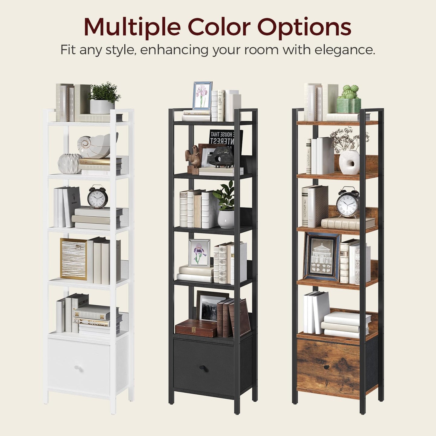 MAHANCRIS Bookshelf, 6 Tier Tall Narrow Bookcase with Drawer, Industrial Shelf Storage Organizer, Display Shelving Unit for Living Room, Home Office, Study, Rustic Brown and Black BKHR66101