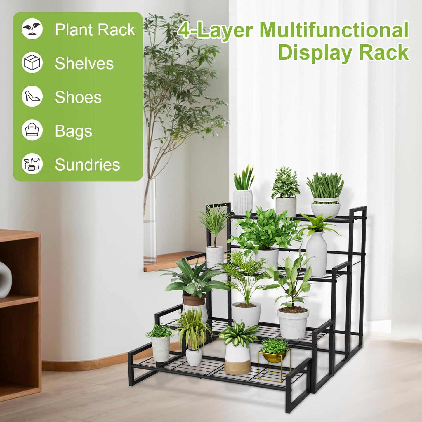 VyGrow Plant Stand, 4 Tier Stackable Tiered Plant Stand, Scalable Heavy Duty Tall Plant Shelf for Indoor Outdoor, Garden, Display Shelves, Flower Pot Holder (Black)