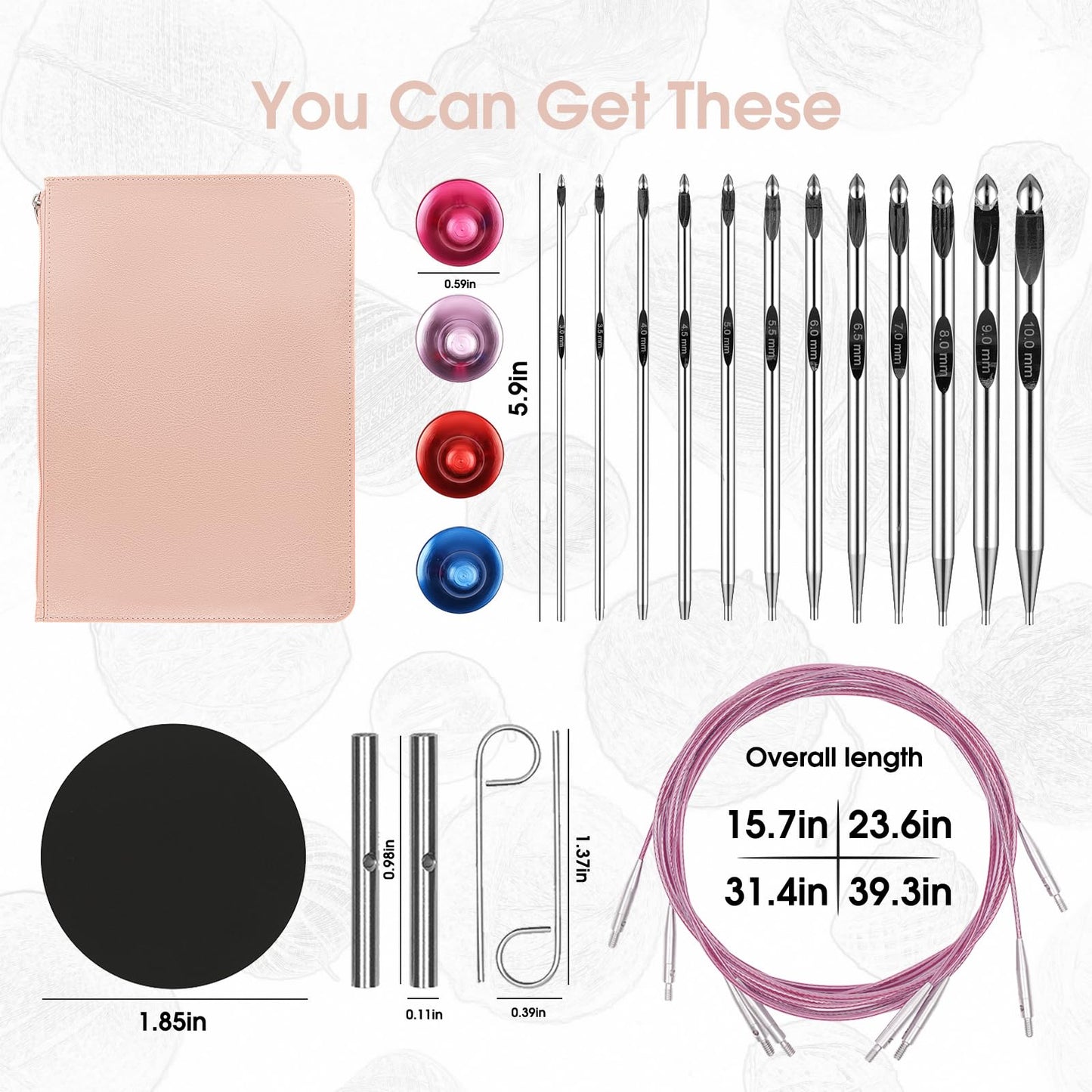 Tunisian Crochet Hooks Set with Cable 6-Inch Aluminum Interchangeable Crochet Hooks Set 3mm-10mm Long Crochet Hooks 26Pic(Pink)