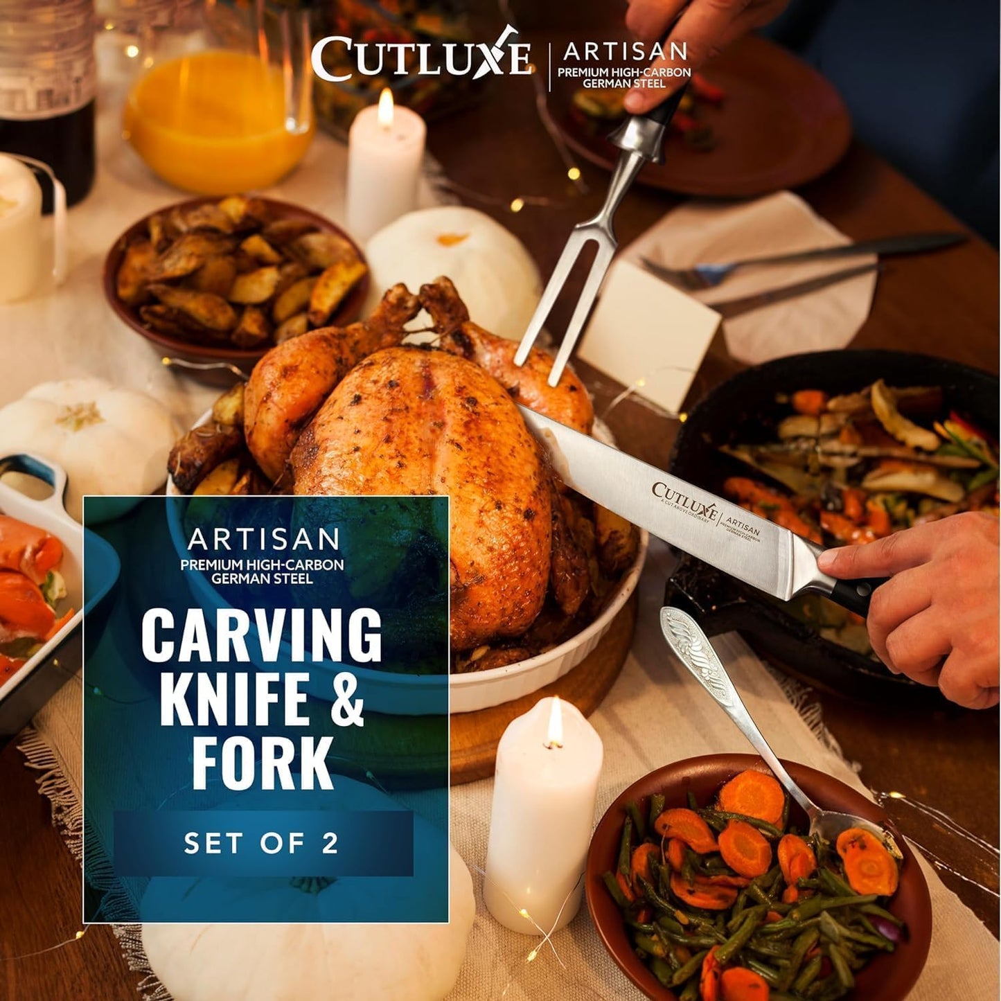 Cutluxe Carving Knife Set – Carving Fork & Carving Knife for Meat, BBQ, Brisket, Turkey – Razor Sharp Premium German Steel – Full Tang, Ergonomic Handle – Artisan Series