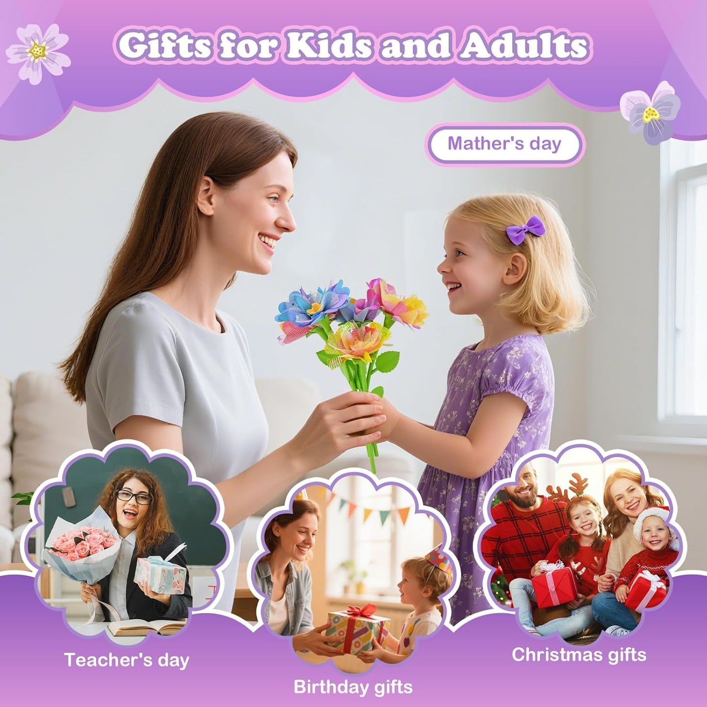 BlueSwan Girls DIY Fabric Flower Bouquets Toys, Kids' Flowers Press Kits, Poke-in Arts and Crafts Birthday Gifts for 4-12 Year Old Girl, Lovely Mothers Day Gifts 36 Flower Holders, Interactive Toy