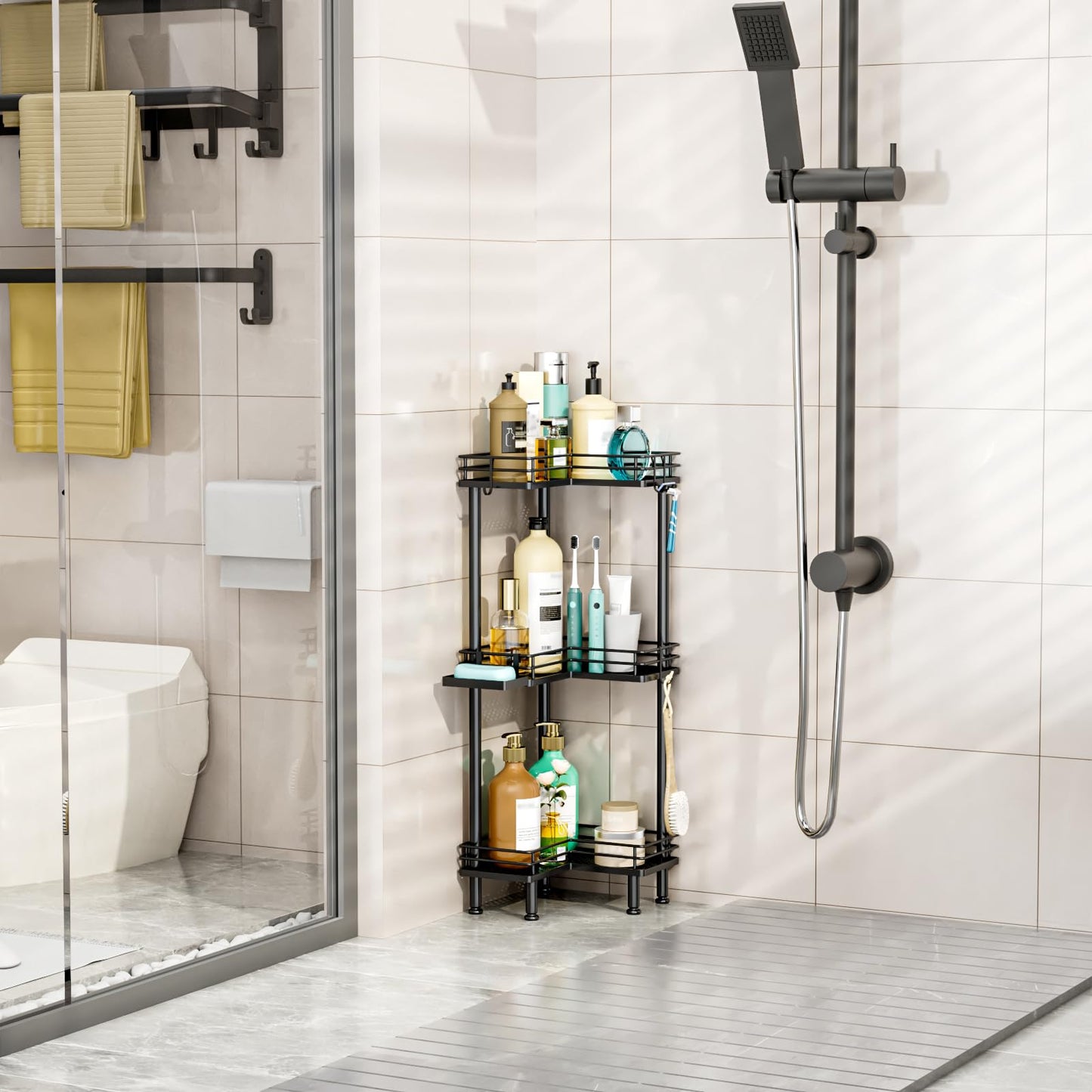 HapiRm Corner Shower Caddy Standing - 3 Tier Shower Caddy Corner Stand with Shampoo Holder, Floor Bathroom Shelves with 4 Hooks, Black
