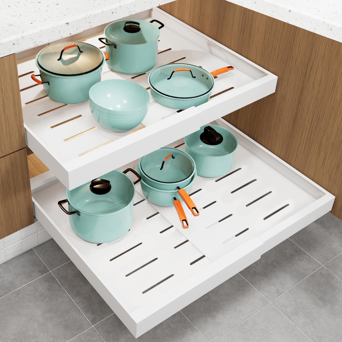 FENGBIAO 2 Pack Expandable Pull Out Cabinet Organizer 21" Deep, Upgrade 3 Slide Rails Slide Out Drawers for Kitchen Cabinets, No Drill Roll Out Shelves Adhesive, Adjustable Width 12.4"-20.4" White
