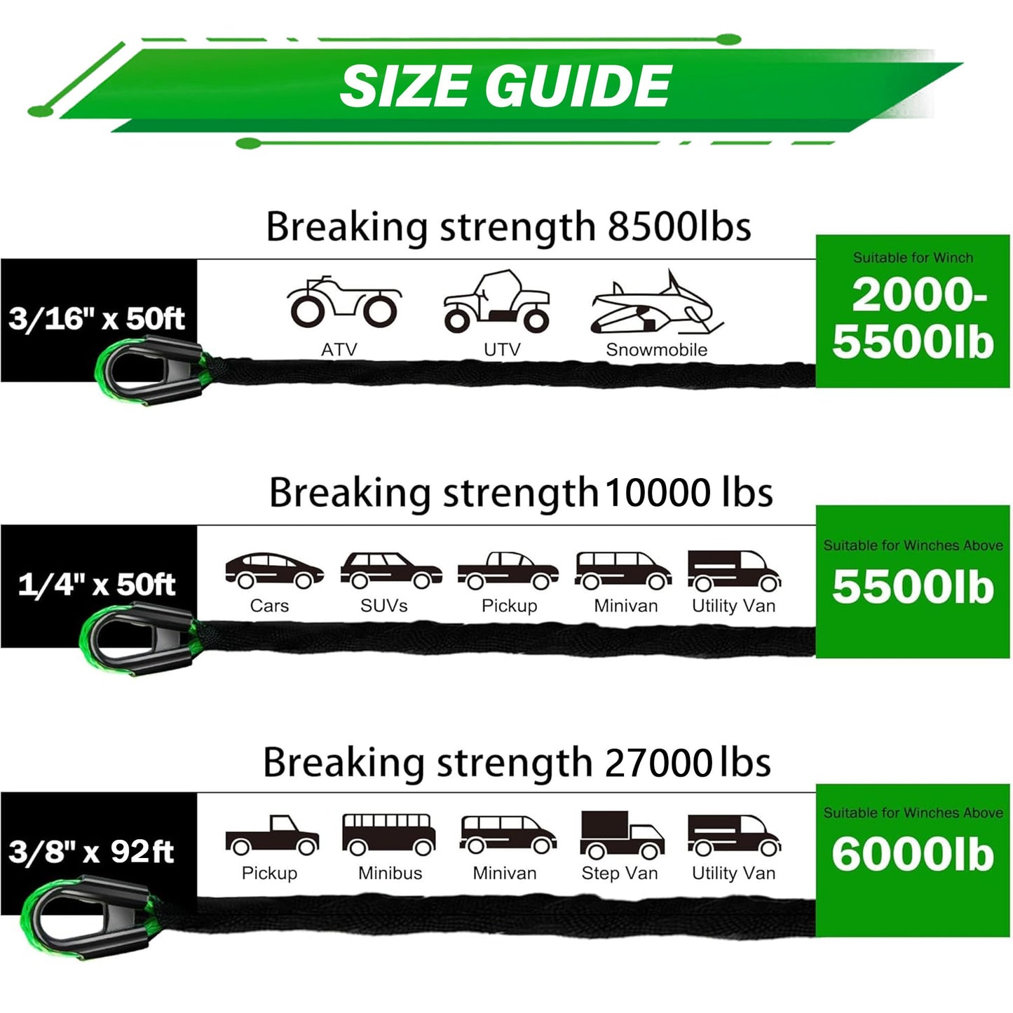 TYT Synthetic Winch Rope Kit, 1/4" x 50' (10,000 lbs) with Protective Sleeve, Heavy-Duty Hook, Rubber Stopper & Safety Pull Strap, for ATV/UTV and Off-Road 4x4 Vehicles (Green)