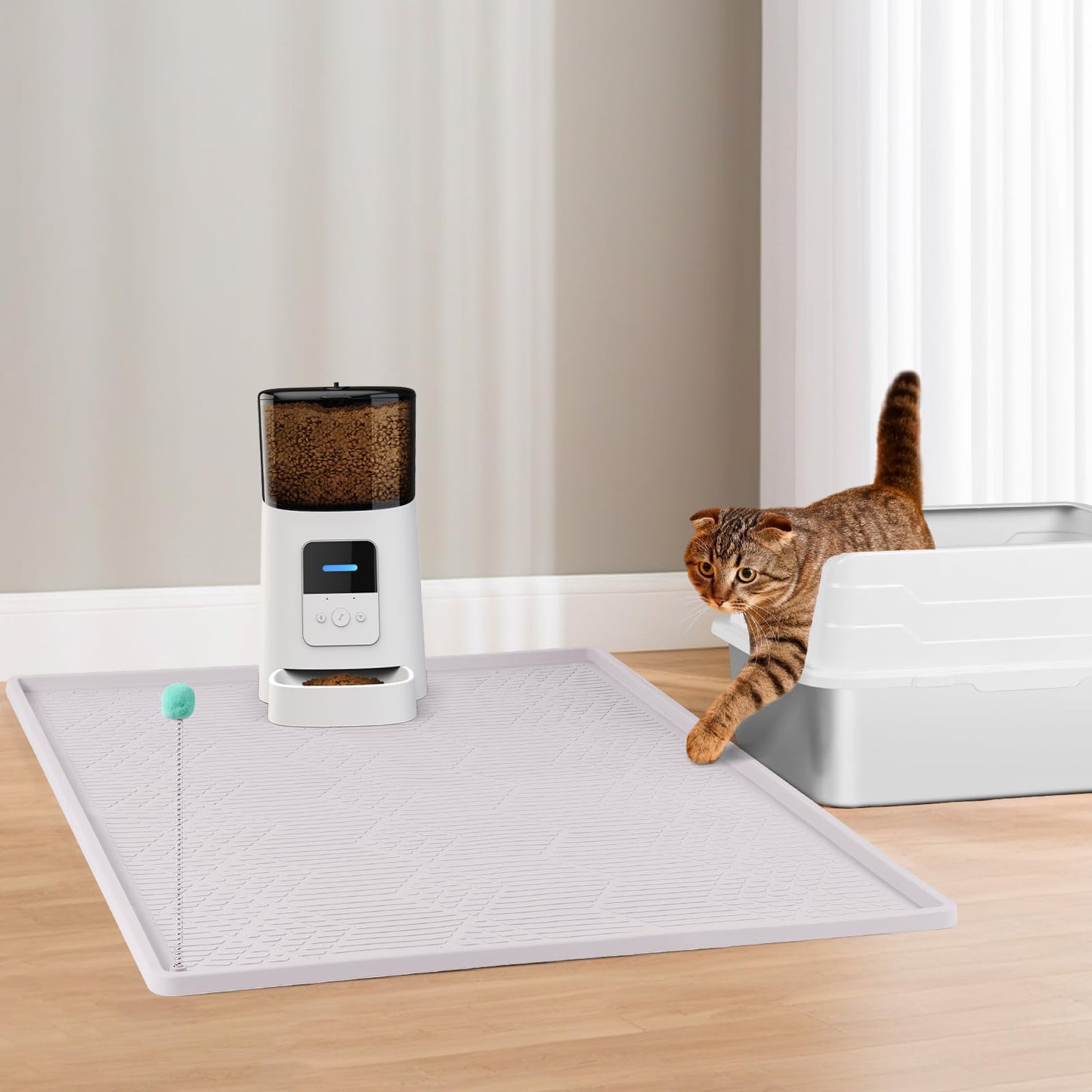 Bartuke Large Cat Litter Mat with Toy Ball, 38'' x 25'' Silicone Cat Litter Trapping Mat for Scatter Control, Soft on Kitty Paws, Easy to Clean (White)