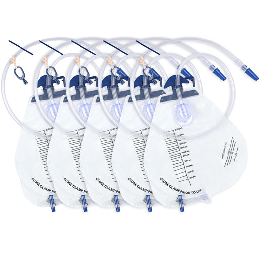5 Pack BeHerk Catheter Bags for Men and Women, 2000mL Professional Urinary Drainage Bag with Anti-Reflux Drip Chamber, 48” Overnight Drainage Tube, Adjustable Clips & Hanging Hook