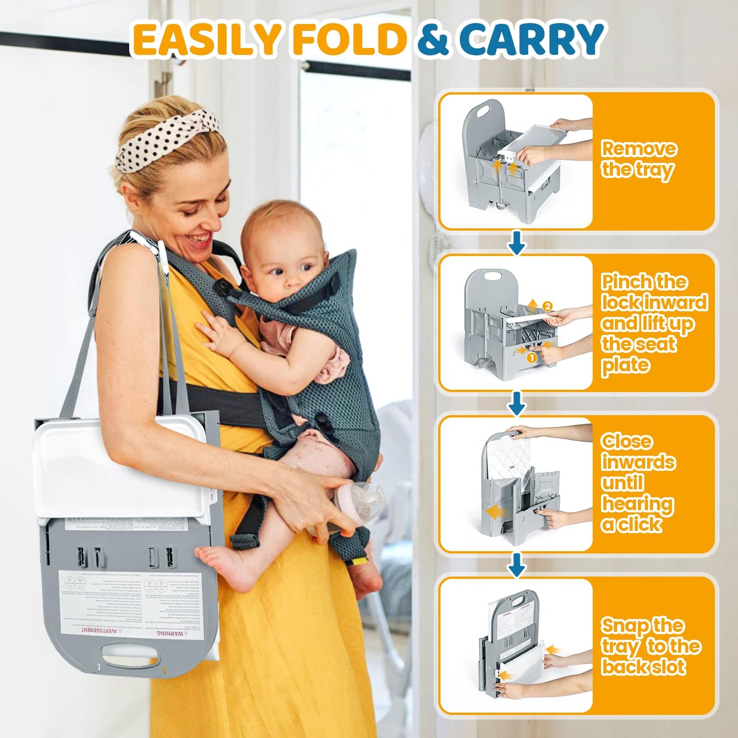 Orzbow Foldable Booster Seat with Dining Tray for Baby, Dining Table, Camping, Beach and Family Visits, Portable Kitchen Booster Chair, Baby Chair for Travel, 6-36 Months Up to 15 kg Toddler, Grey
