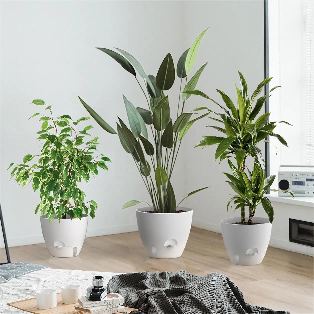 ZMTECH 9/10/12 Inch Self Watering Plant Pots with Watering Lip, Planters with Drainage Holes and Removable Saucer, Plastic Flower Pots for Indoor Outdoor Plants (3 Pack,Pure White)