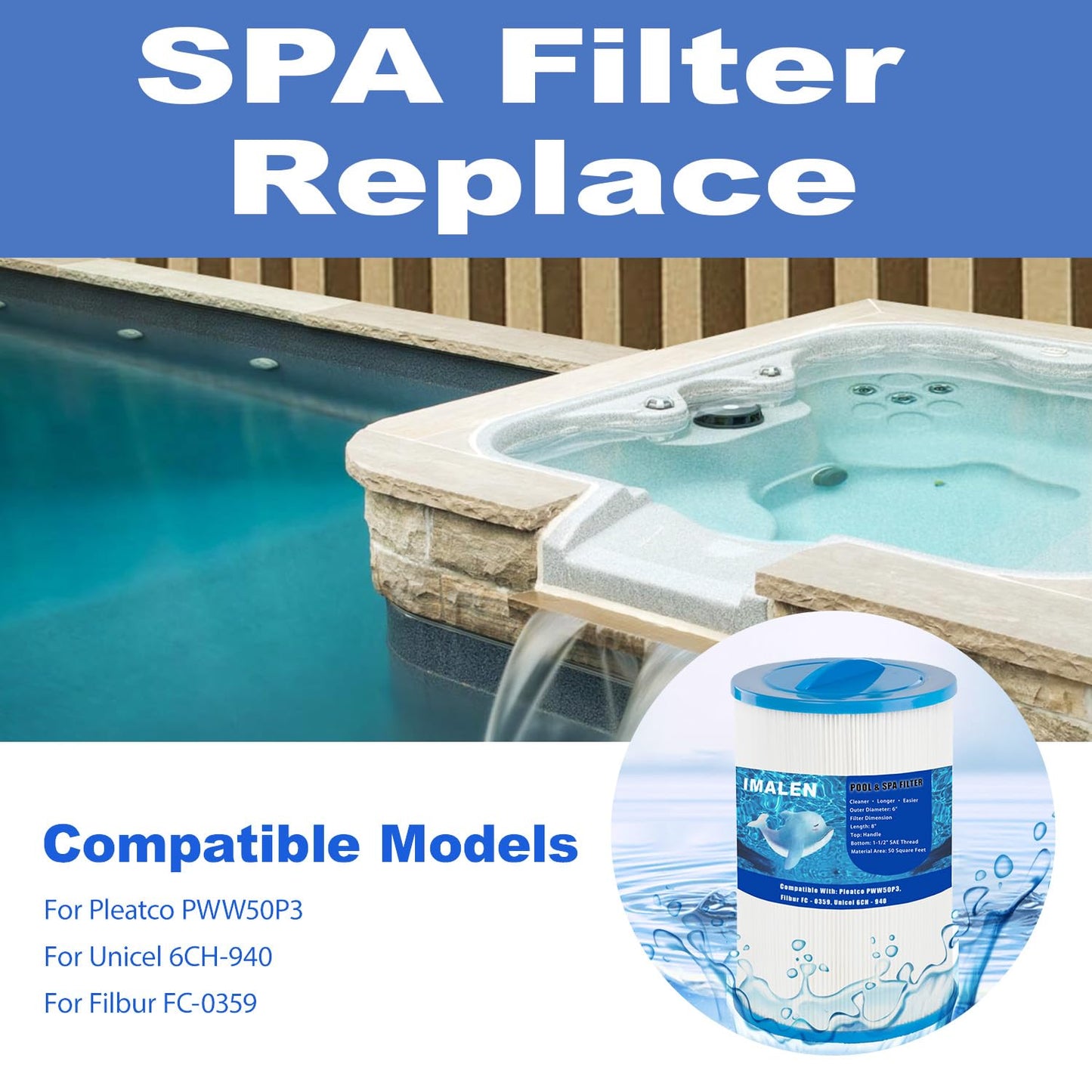 IMALEN Spa Filter Compatible with 6CH-940, Filbur FC-0359, 817-0050, 25252, 03FIL1400, PWW50P3(NOT PWW50P4), Hot Tub Filter Cartridge, 2 Pack