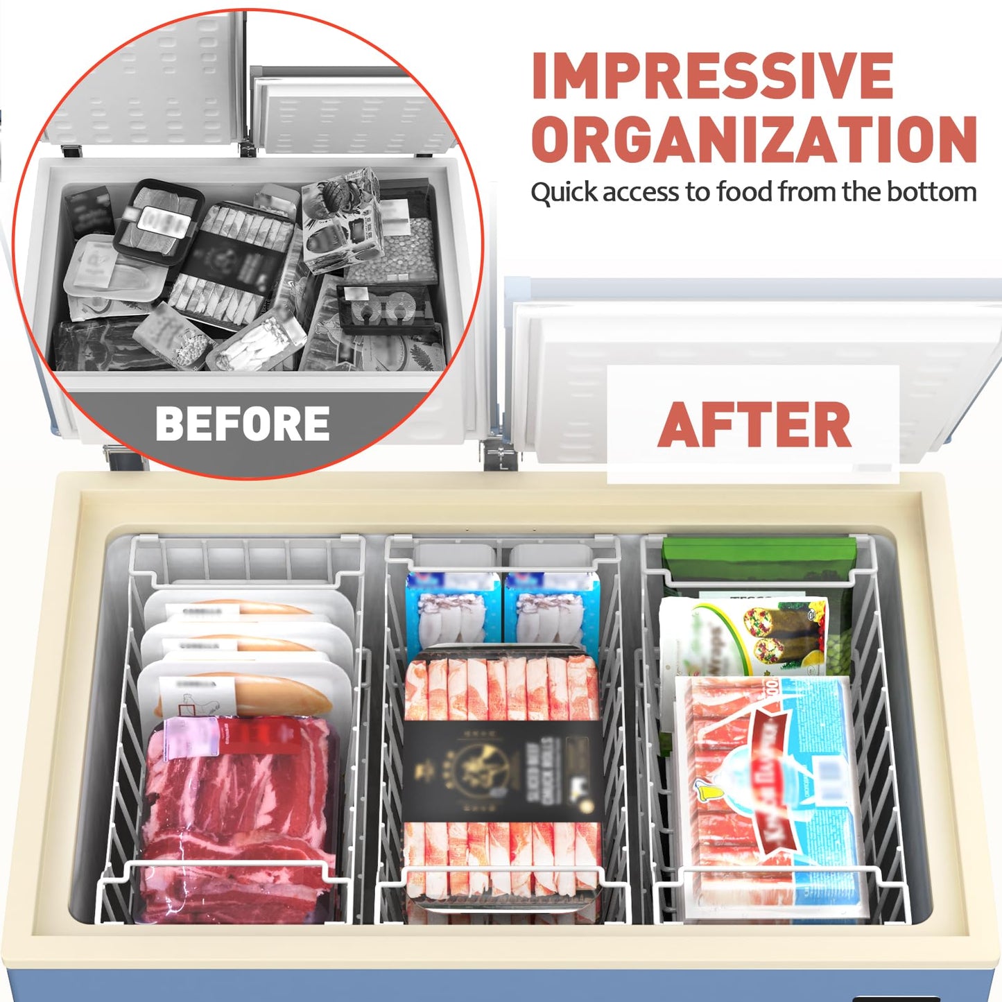 Goovilla Freezer Organizer Bins with Foldable Handle, 4 Pack Stackable Freezer Baskets for 3.5-7 Cu.FT Deep Chest Freezer Organization, White Metal Freezer Storage Bins with Better Space Utilization