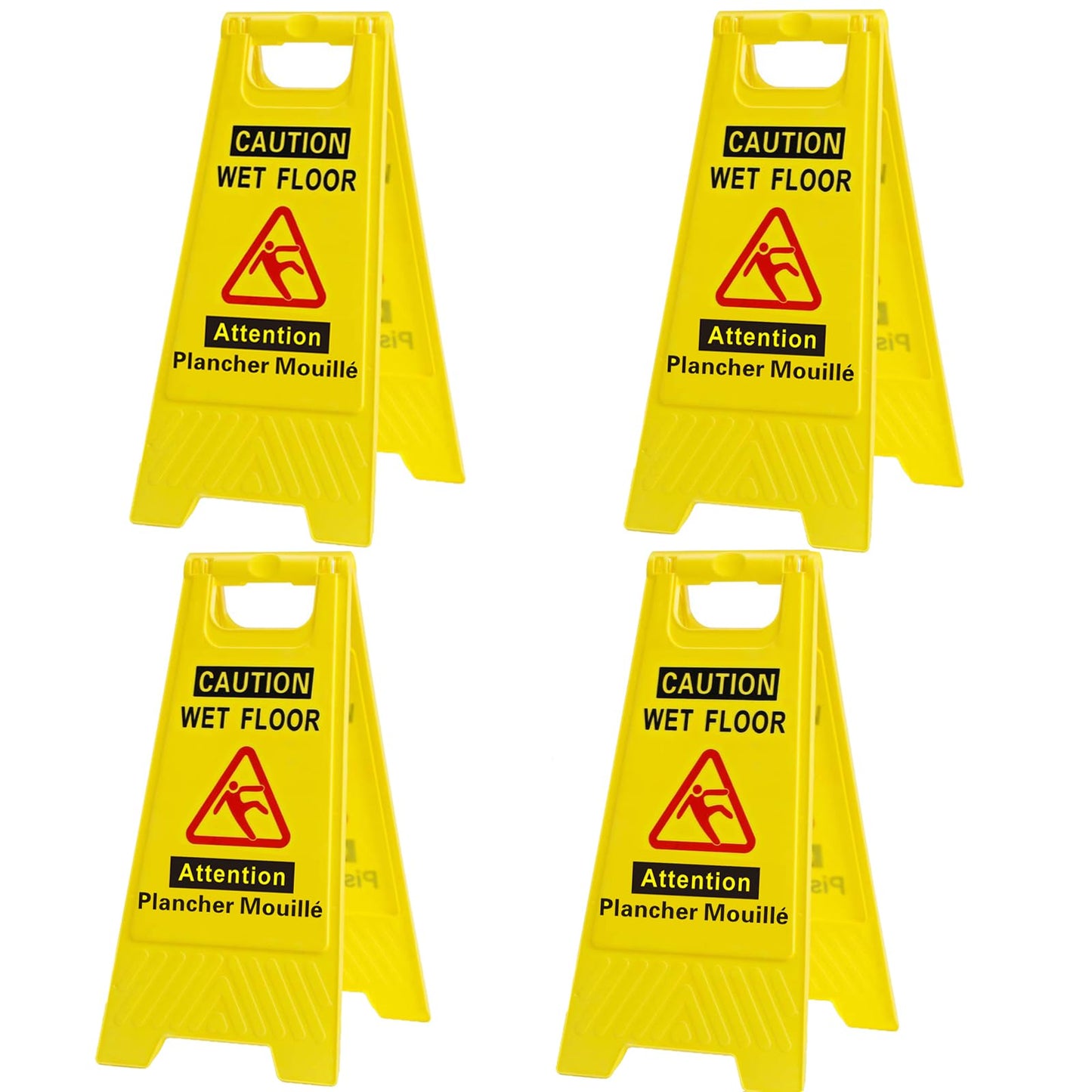 Wet Floor Sign,French/English for Business Caution Wet Floor/Attention Plancher Mouillé Foldable Sturdy Bilingual Double-Sided Yellow 4 pack