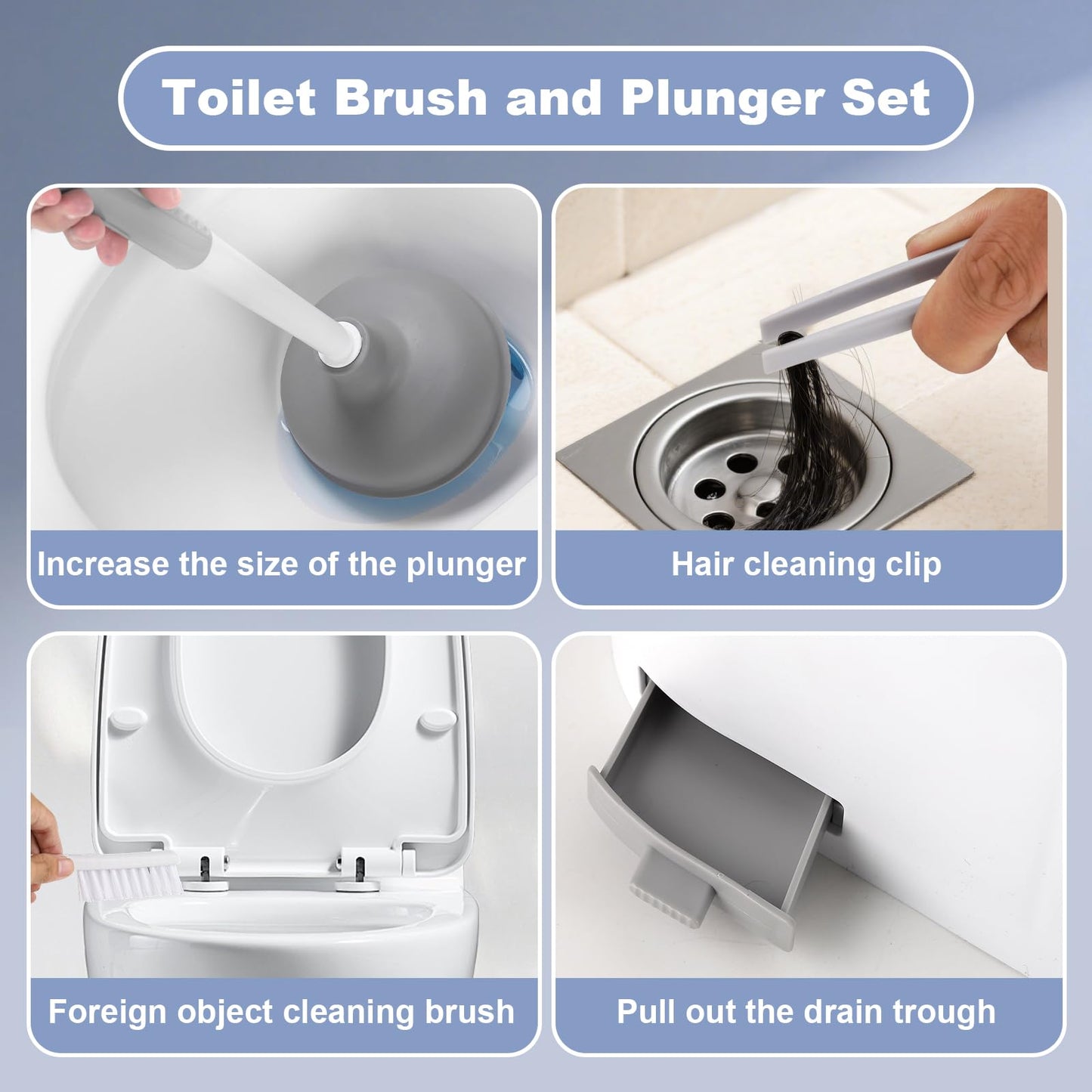 Toilet Brush and Plunger Set 4 in 1 Toilet Brush and Holder with Crevice Cleaning Brush and Clip Deep Cleaning, Wall Mounted Home Bathroom Cleaning Tool Combo （Gray 1）