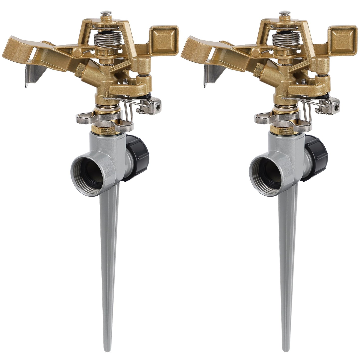 Biswing 2 Pack Brass Impact Sprinklers with Stand (Spike), Heavy Duty Lawn Head on Zinc Alloy Spike Base, Adjustable Watering Sprinkler for Large Area Grass Yards Patio Garden Irrigation
