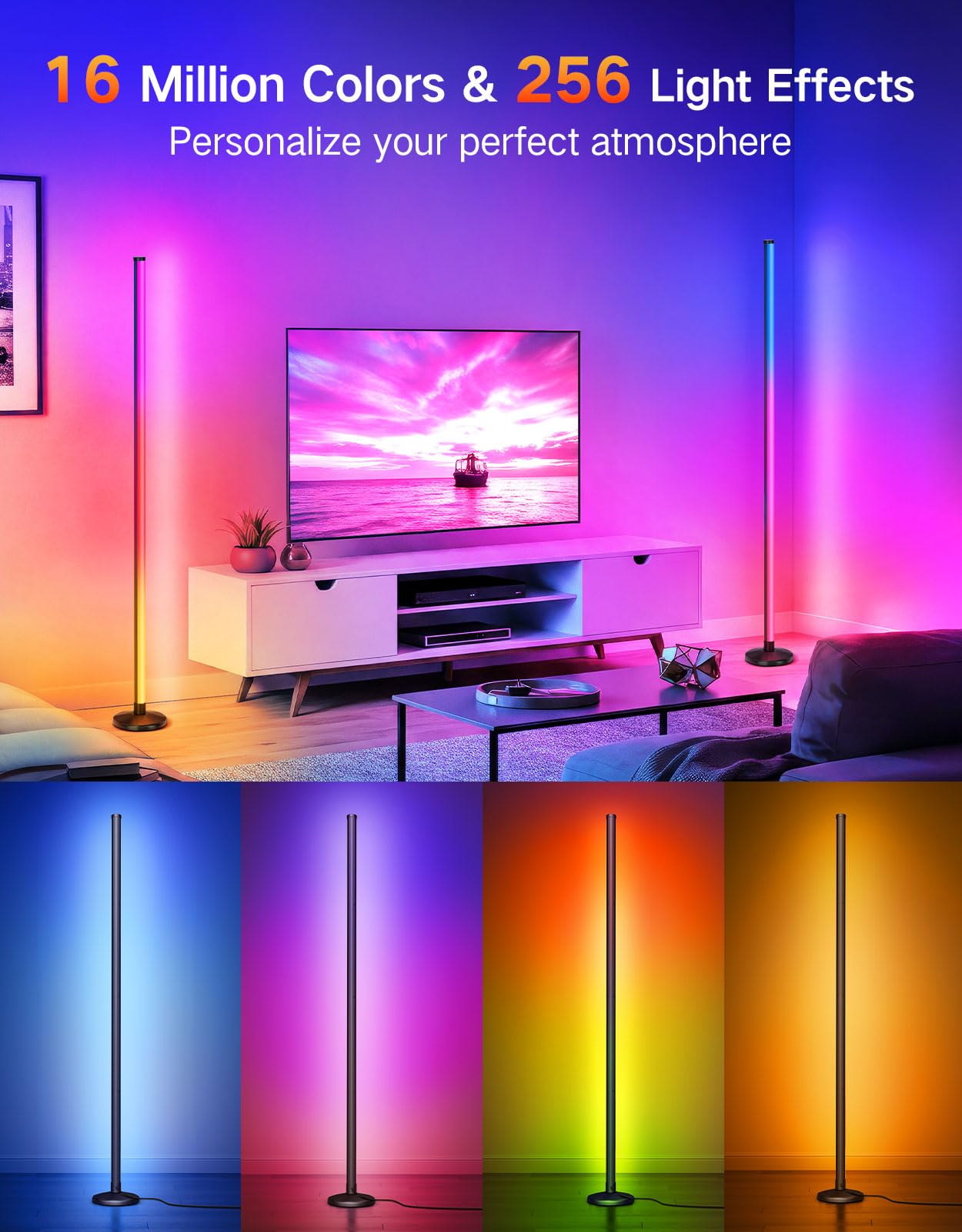 OUTON LED Floor Lamp, 24W RGBCW Corner Lamp with 256 Scenes & 16 Million Colours, Smart APP & Remote Control, Music Sync, Dimmable Colour Changing Standing Lamp for Living Room Bedroom Gaming Room