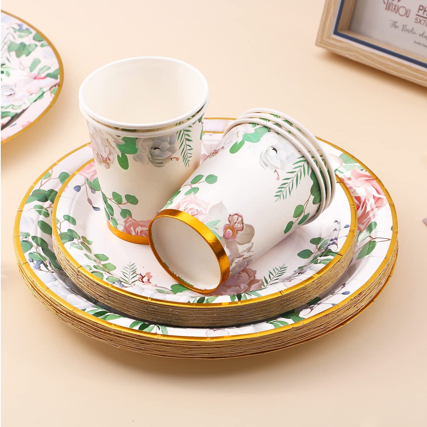 Floral Party Decorations - Bridal Shower Plates & Napkins Set for 24 Guests - Tea Party Themed Decorations, Floral Paper Plates, Cups & Napkins for Baby Shower, Birthday, Wedding