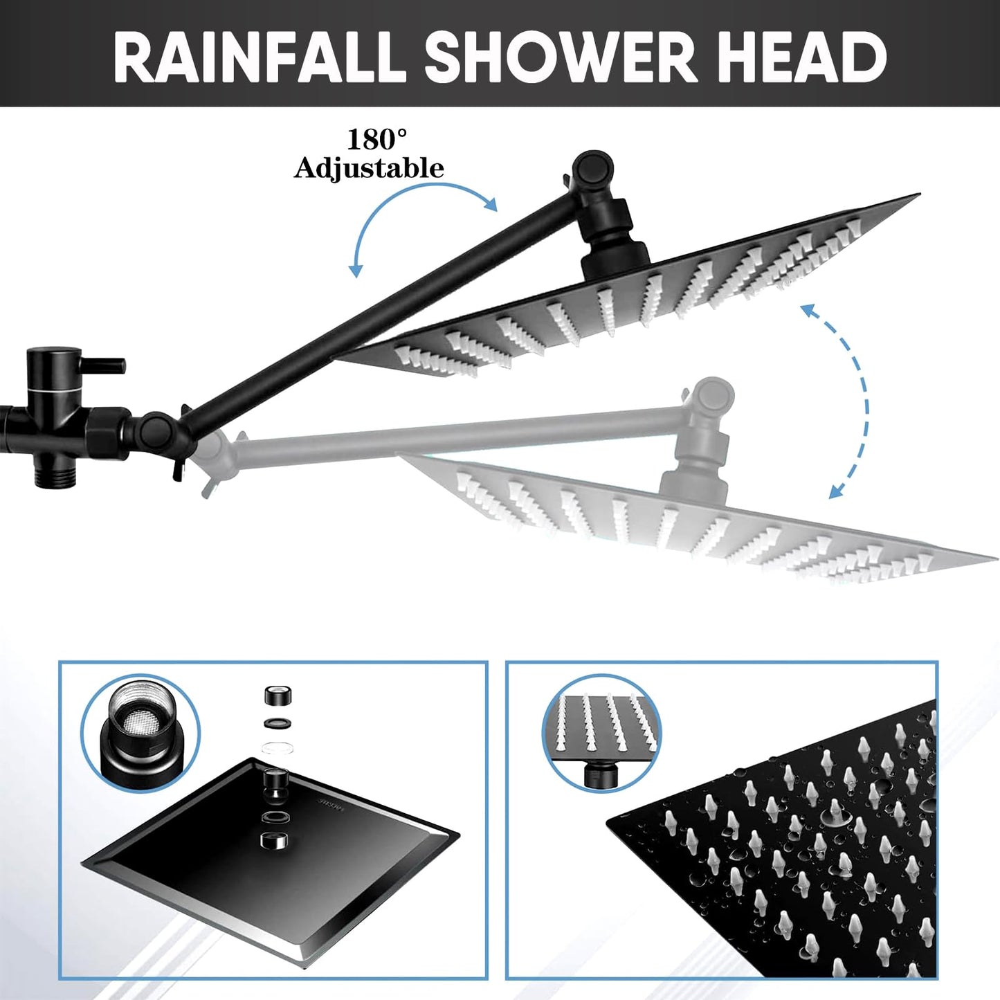 10 Inch Matte Black Rainfall Handheld Shower Head Combo Set GIFTQOOL High Pressure 5 Modes Dual Shower Head with Adjustable Rain Extension Arm, Hose, Holder Pomme De Douche