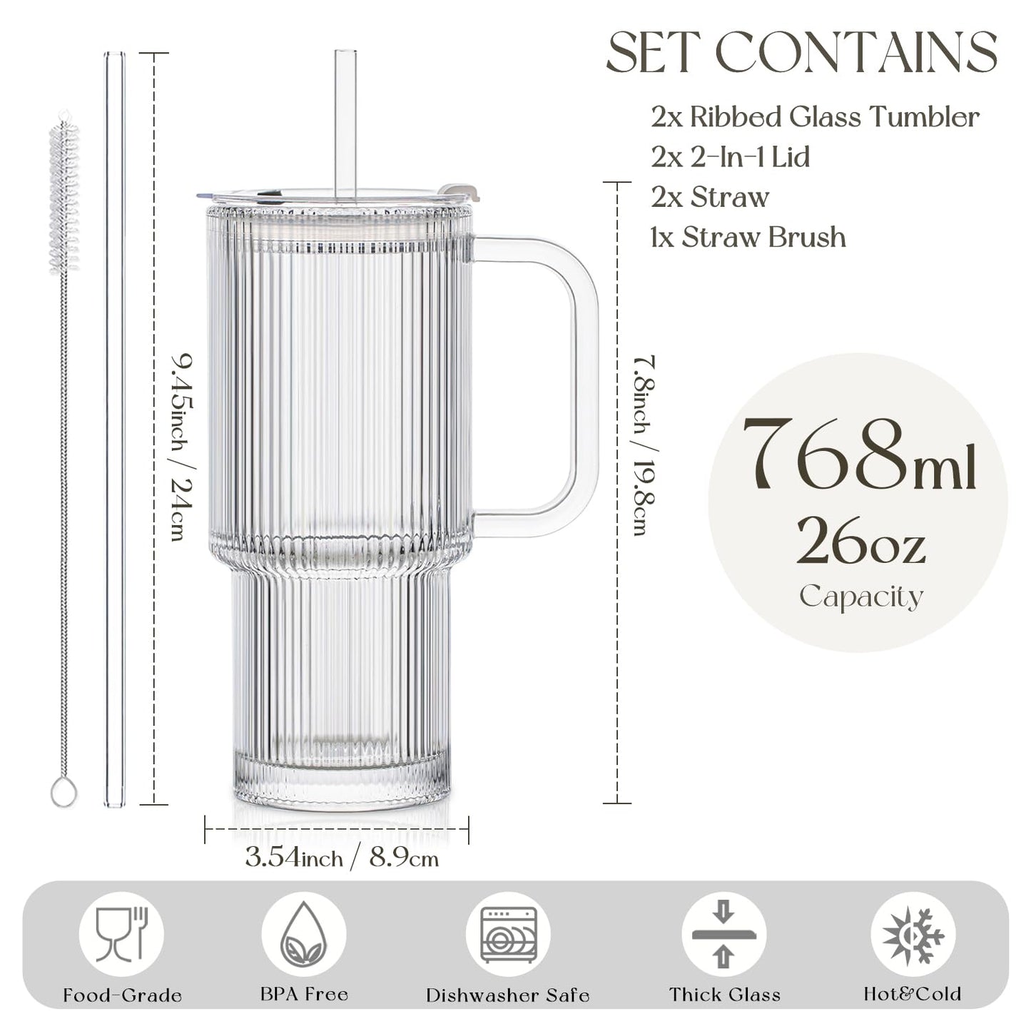 KEMORELA 26oz Ribbed Glass Tumbler with Handle & Lid, 2-Pack Clear Large Iced Coffee Cups with Straws, Spill Proof Glass Mug for Cold & Hot Beverages, Travel Cup for Smoothies, Tea, and Juice