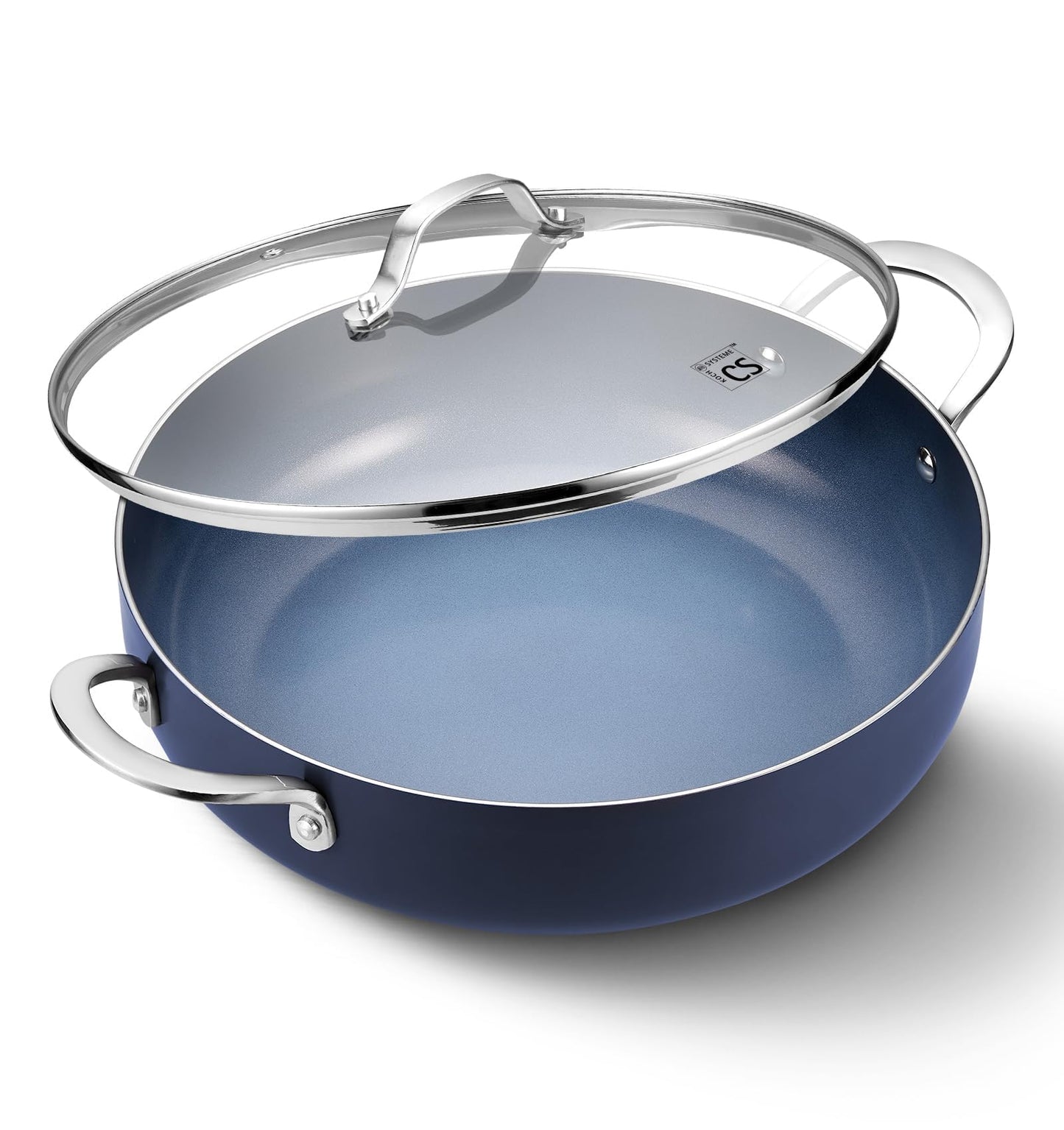 KOCH SYSTEME CS 12 Inch Nonstick Deep Frying Pan with Lid, 5.5 Quart Double Handled Saute Pan, Large Ceramic Skillet Pan, Dishwasher & Oven Safe, Induction Compatible, Toxin-Free, Blue