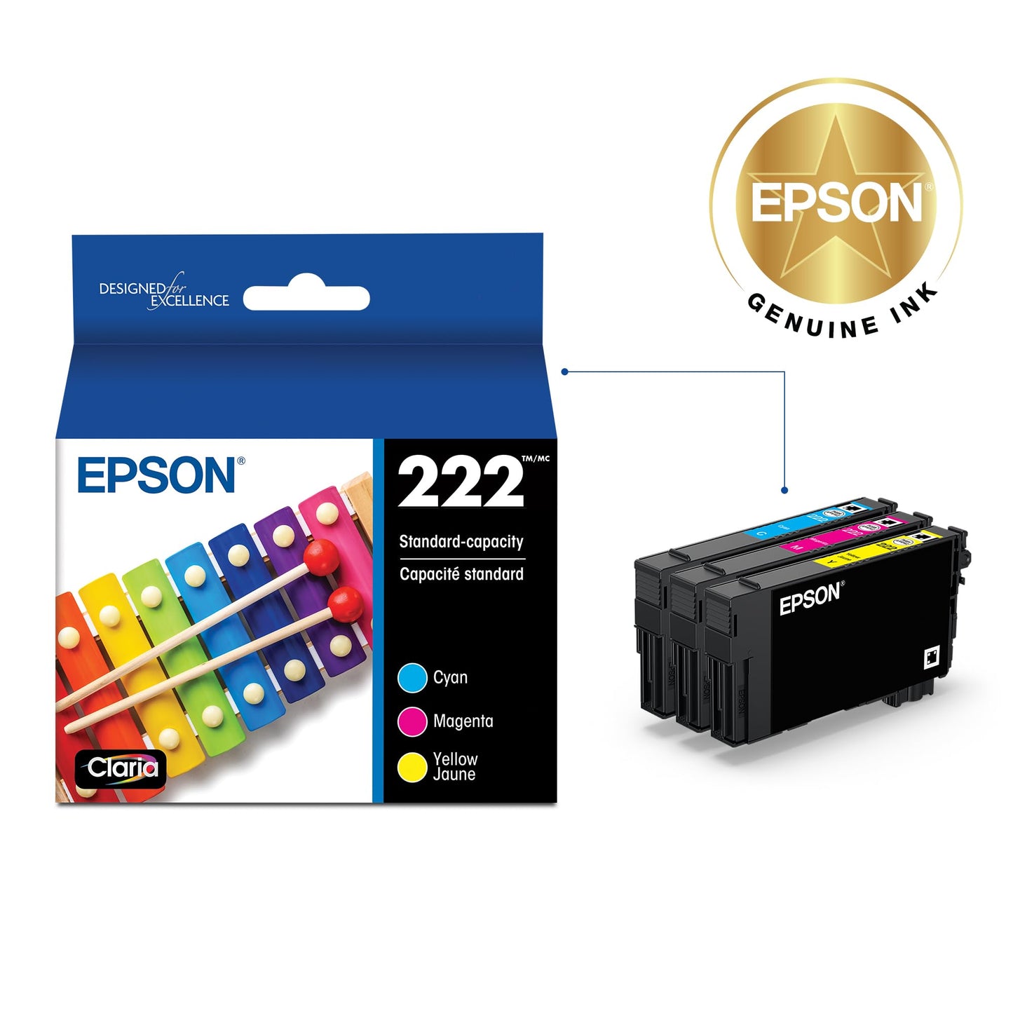 EPSON 222 Claria Ink Standard Capacity Colour Combo Pack (T222520-S) Works with Workforce WF-2960, Expression XP-5200
