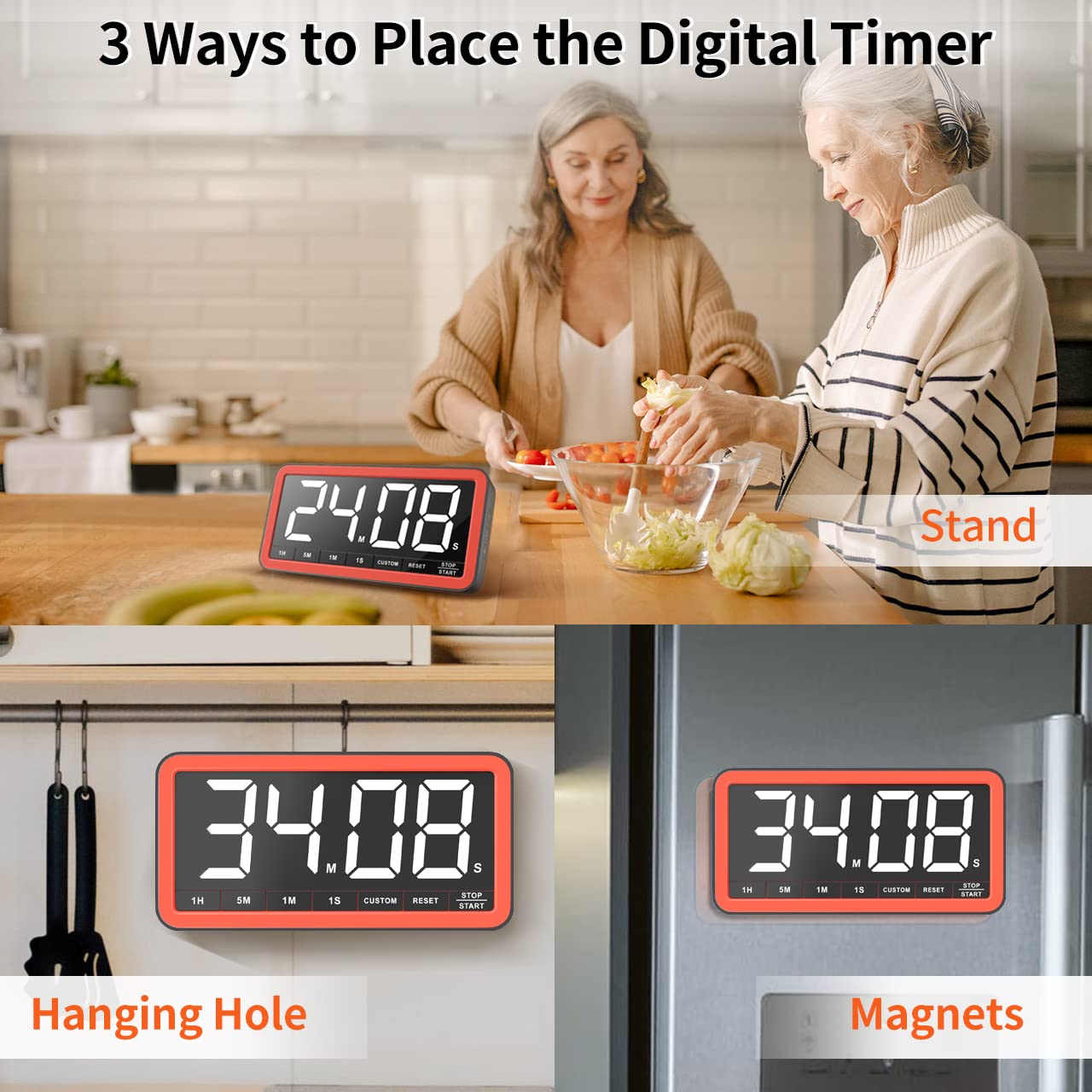 VOCOO Digital Kitchen Timer with 7.8” Extra Large Display, Magnetic LED Timer with 3 Brightness, 4 Alarms and 3 Volume Levels, Battery Powered Countdown Count Up Timer for Cooking, Classroom, Home Gym