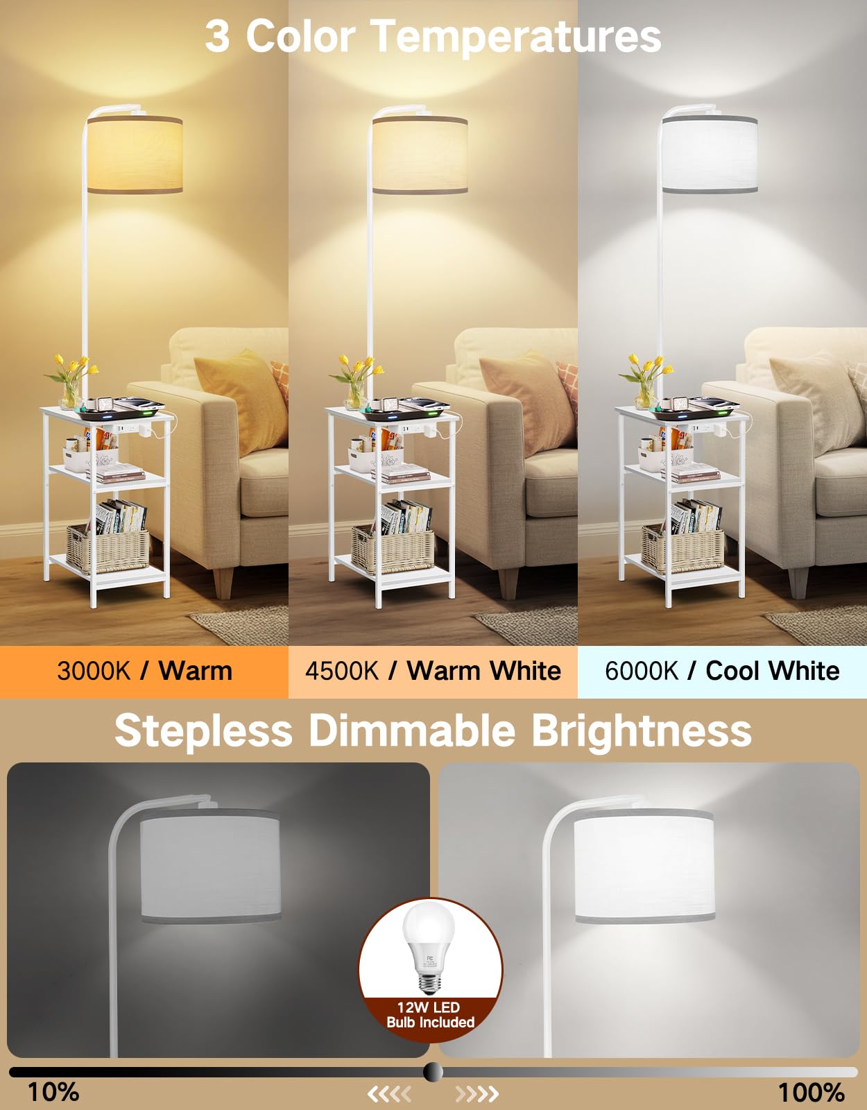 OUTONLIFE Floor Lamp with Table & Remote, Side Table with Charging Station, Dimmable Nightstand with 3 Color Temperatures, Open Shelves, 12W LED Bulb, End Table for Living Room, Bedroom, Office(White)