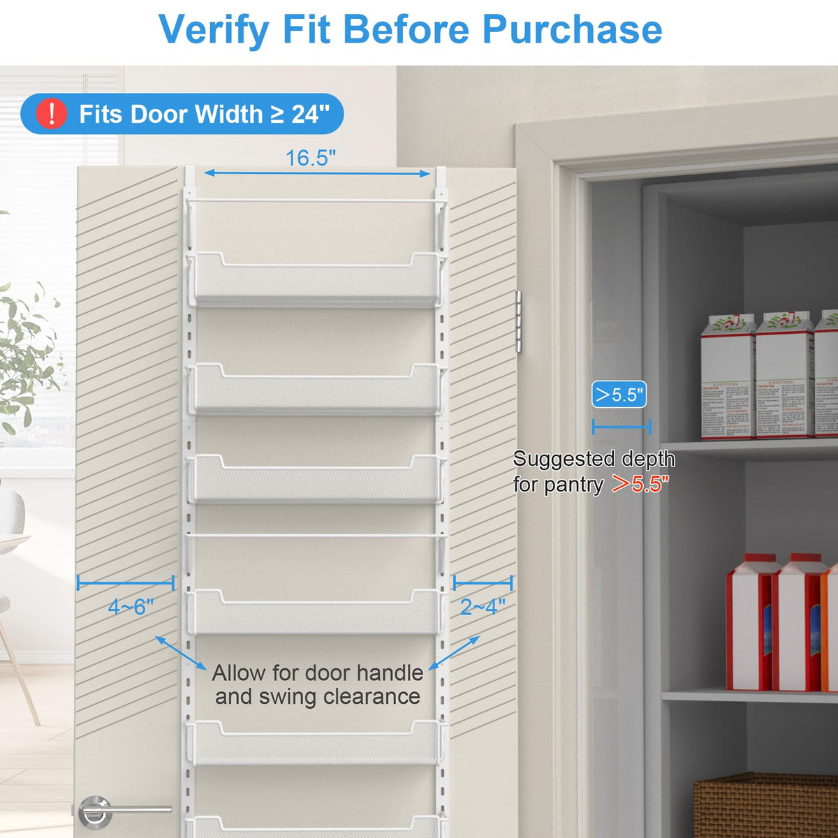 VyGrow 8-Tier Over the Door Pantry Organizer with Adjustable Basket, Pantry Door Organization for Pantry Kitchen Storage Room Spice Rack, White