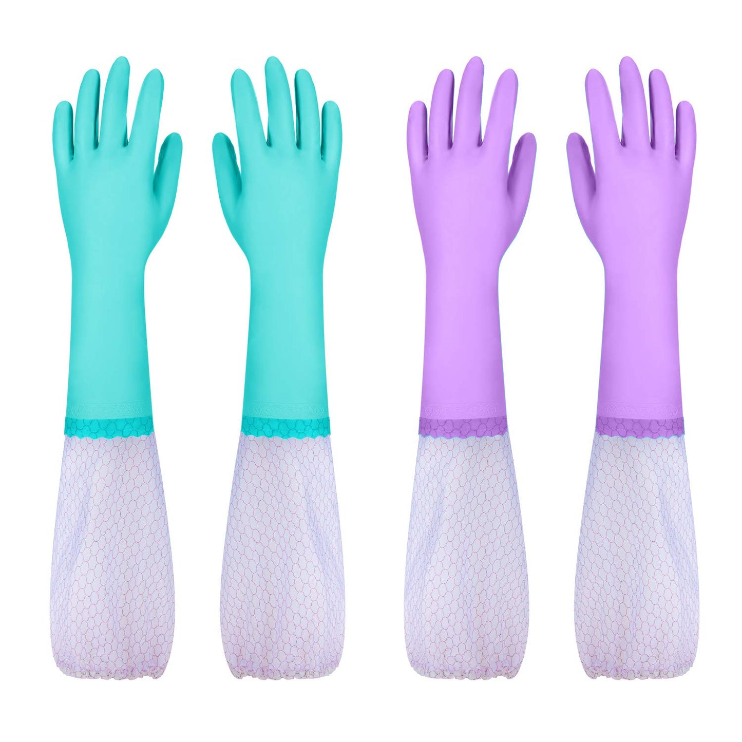 Reusable Dishwashing Cleaning Gloves with Latex Free, Long Cuff,Cotton Lining,Kitchen Gloves 2 Pairs (Large, Purple+Blue)