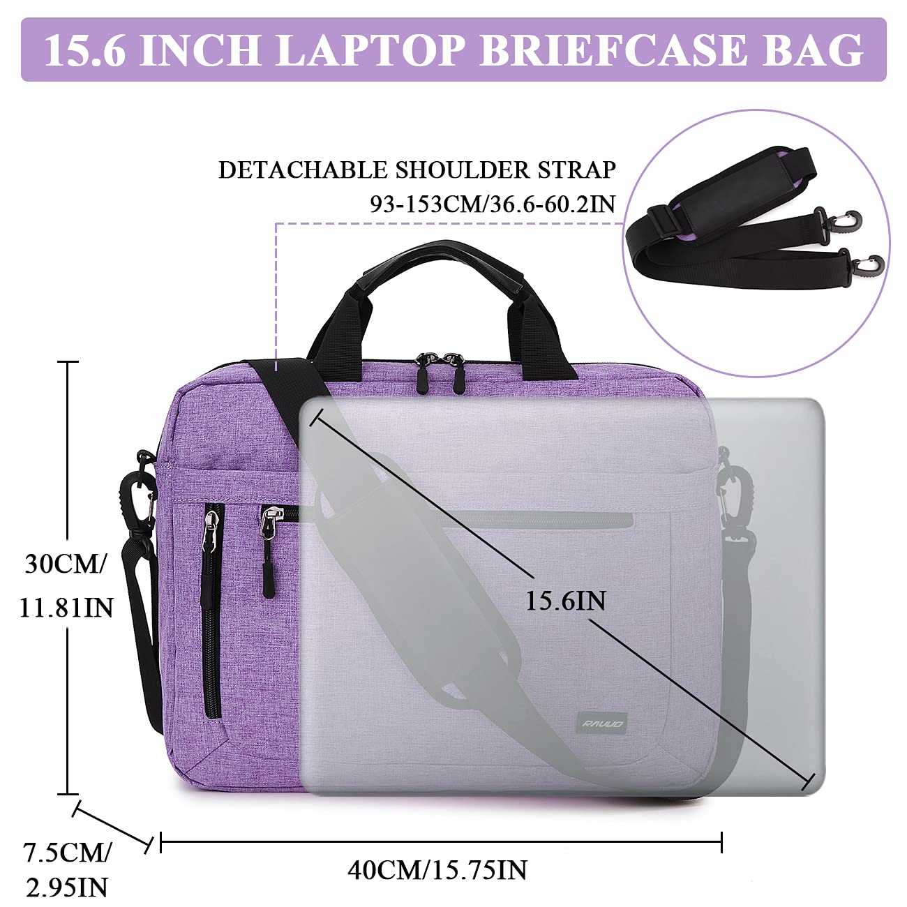 Laptop Bag for Women,RAVUO 15.6 inch Lightweight Shoulder Bag Water Resistant Shockproof Laptop Sleeve Case Business Briefcase with Shoulder Strap Purple
