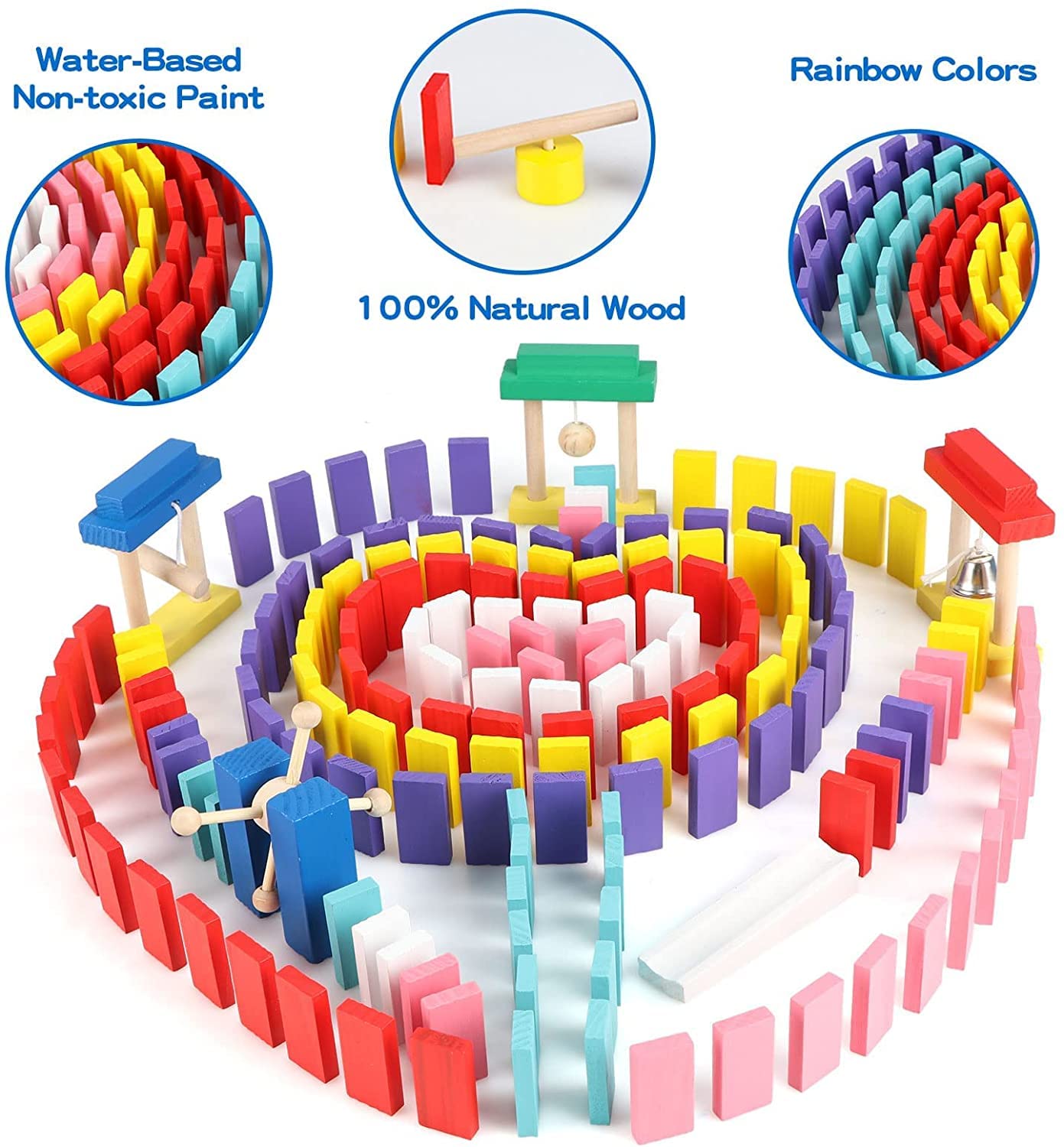 1000 PCS Dominoes Set for Kids Wooden Building Blocks 10 Colors Bulk Dominoes Racing Tile Games Educational Toy for Kids Birthday Party with 26 Add-on Blocks and 1 Storage Bag